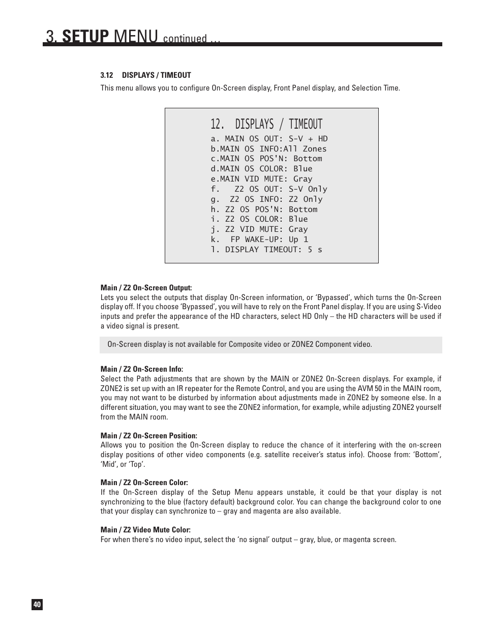 12 displays and timeout, Setup menu, Displays / timeout | Continued | Anthem Audio AVM 50 User Manual | Page 48 / 96