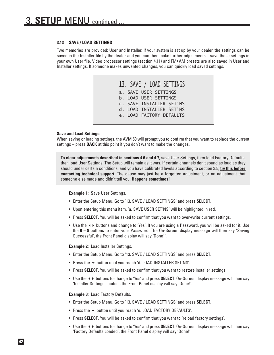 13 save and load settings, Setup menu, Save / load settings | Continued | Anthem Audio AVM 50 User Manual | Page 50 / 96