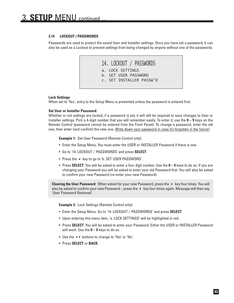 14 lockout and passwords, Setup menu, Lockout / passwords | Continued | Anthem Audio AVM 50 User Manual | Page 51 / 96