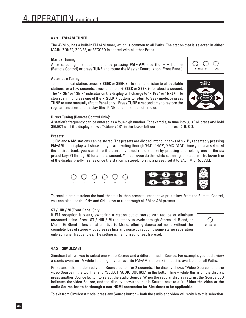 Fm•am tuner, Simulcast, Operation | Continued | Anthem Audio AVM 50 User Manual | Page 54 / 96