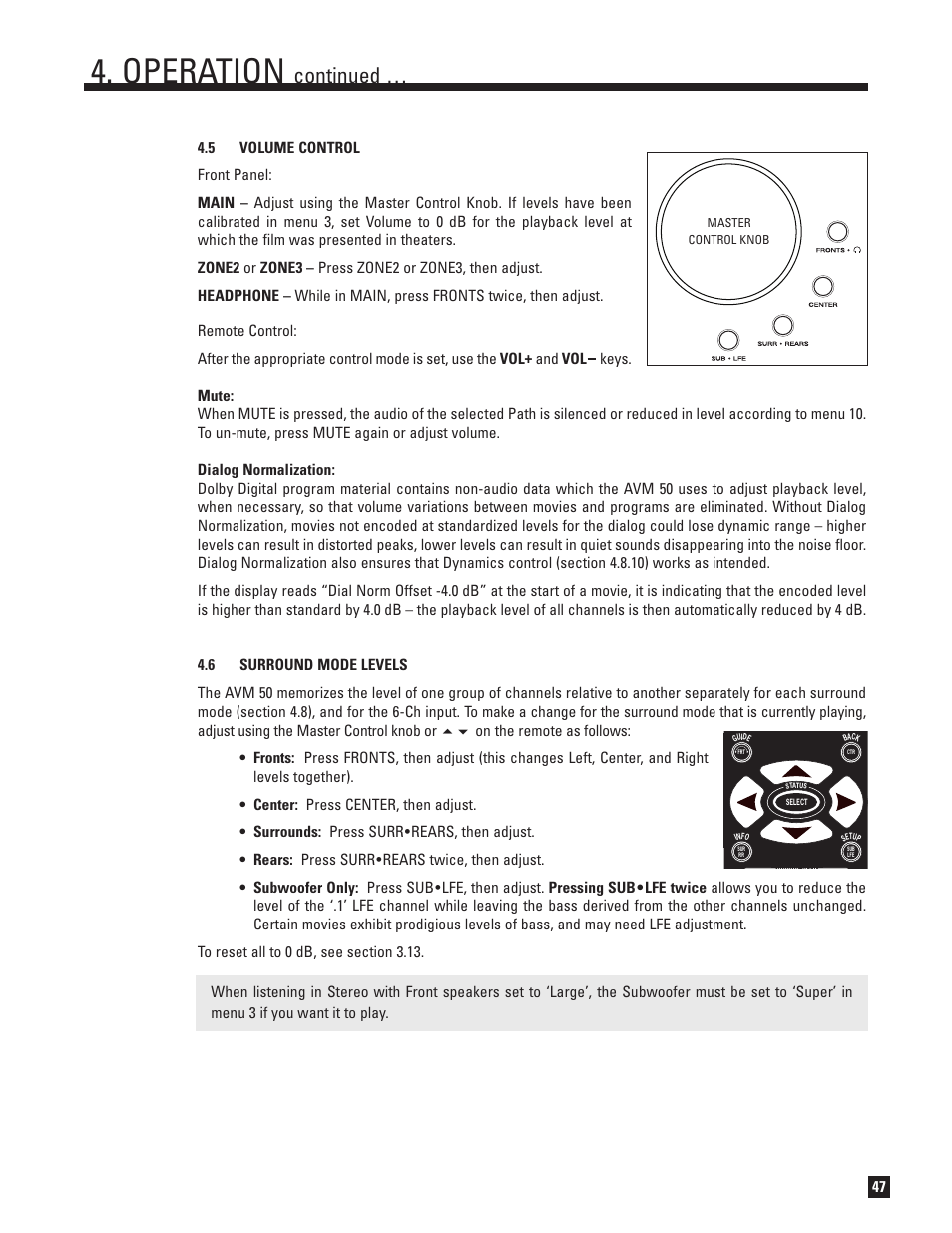 Volume control, Surround mode levels, Operation | Continued | Anthem Audio AVM 50 User Manual | Page 55 / 96