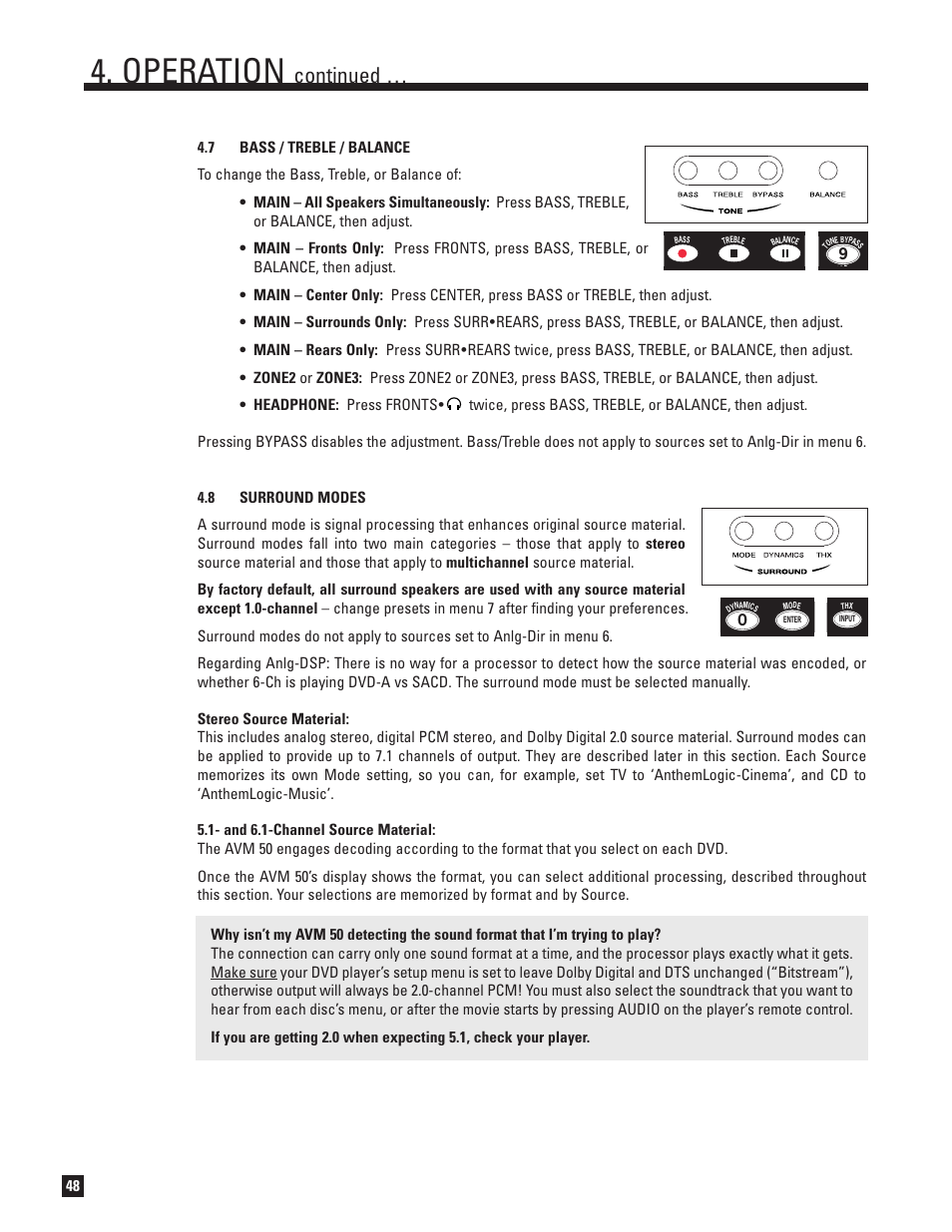 Bass, treble, and balance, Surround modes, Operation | Continued | Anthem Audio AVM 50 User Manual | Page 56 / 96
