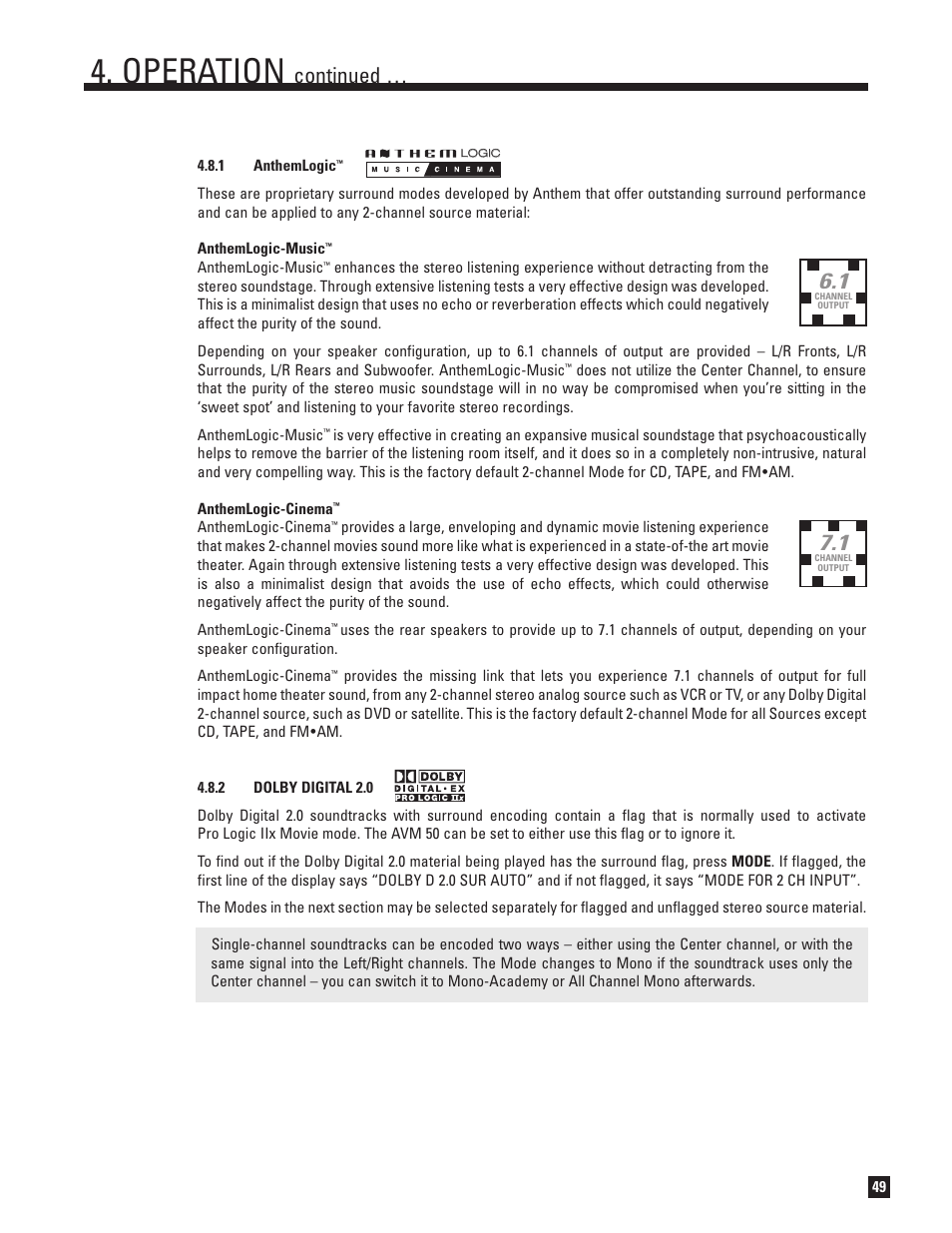 Anthemlogic, Dolby digital 2.0, Operation | Continued | Anthem Audio AVM 50 User Manual | Page 57 / 96