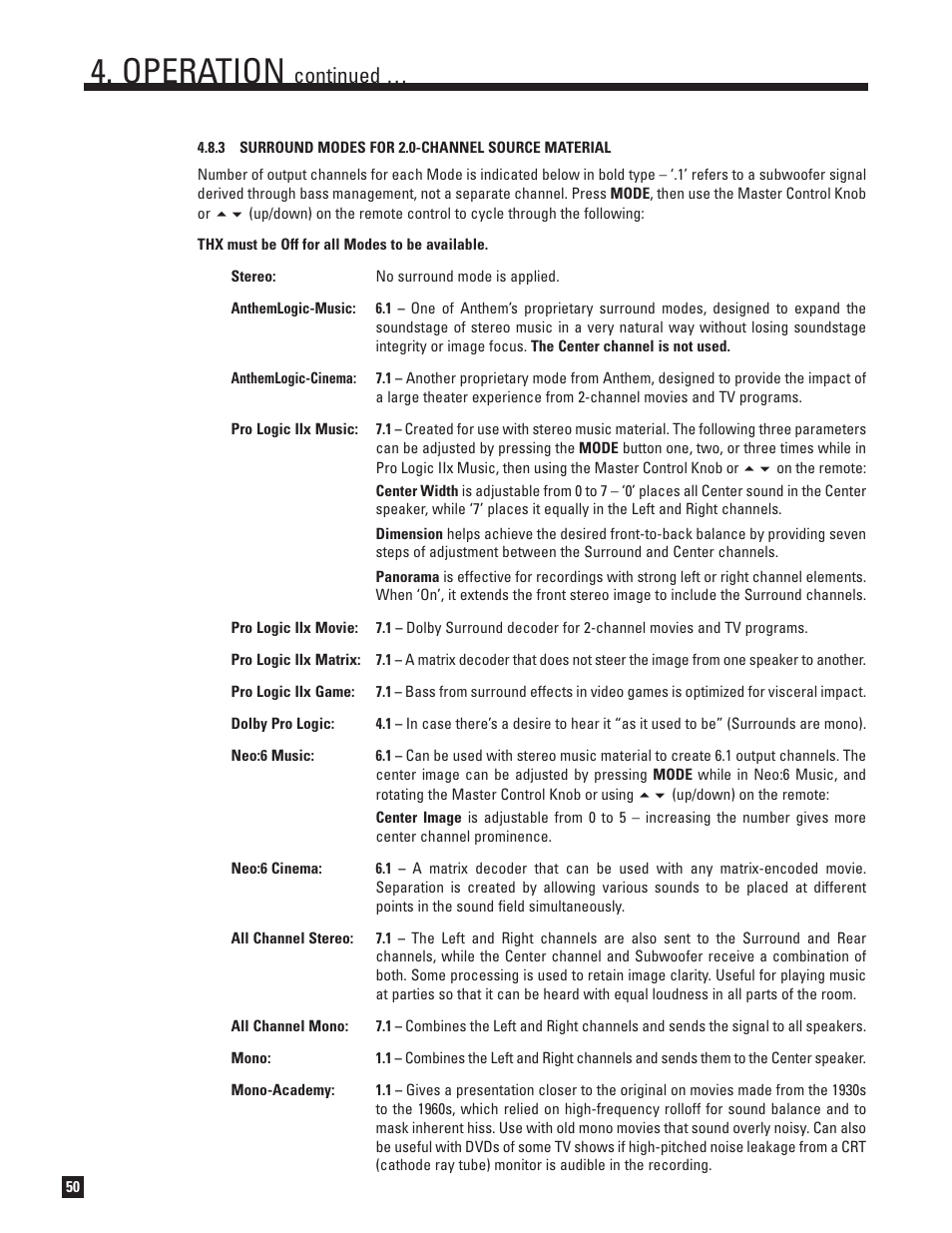 Surround modes for 2.0-channel source material, Operation, Continued | Anthem Audio AVM 50 User Manual | Page 58 / 96