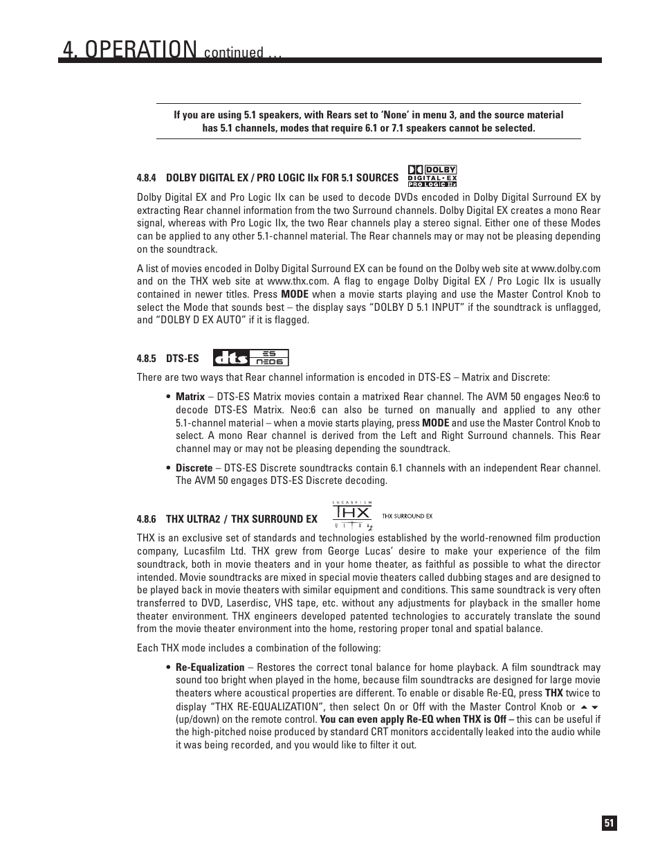 Dts-es, Thx ultra2 and thx surround ex, Operation | Continued | Anthem Audio AVM 50 User Manual | Page 59 / 96
