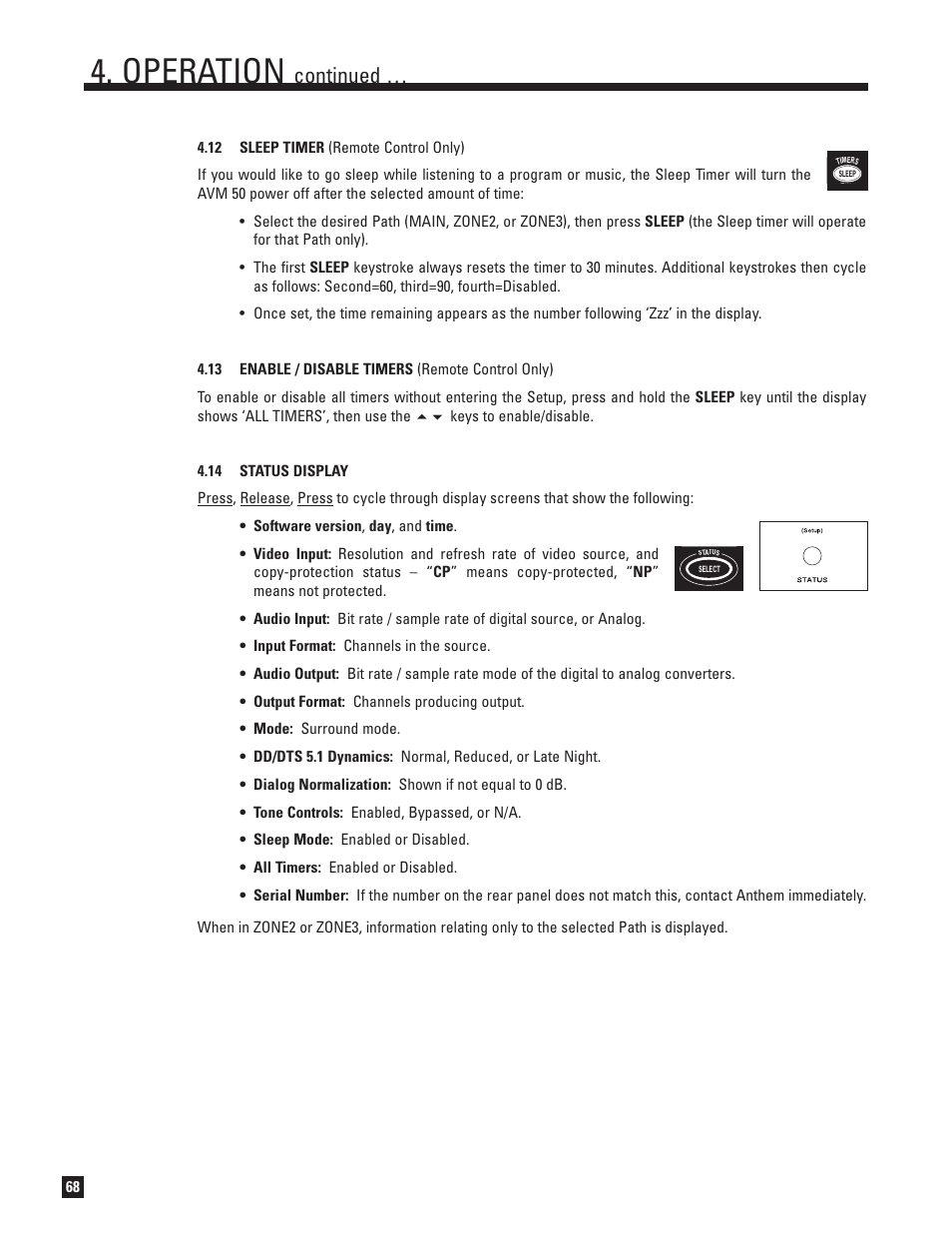 12 sleep timer, 13 enable and disable timers, 14 status display | Operation, Continued | Anthem Audio AVM 50 User Manual | Page 76 / 96