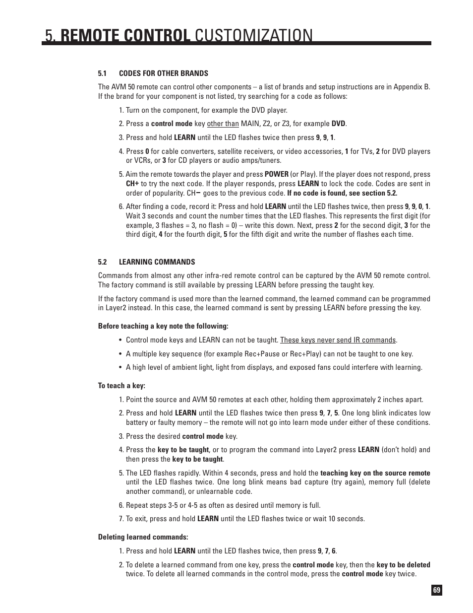 Codes for other brands, Learning commands, Remote control customization | Anthem Audio AVM 50 User Manual | Page 77 / 96