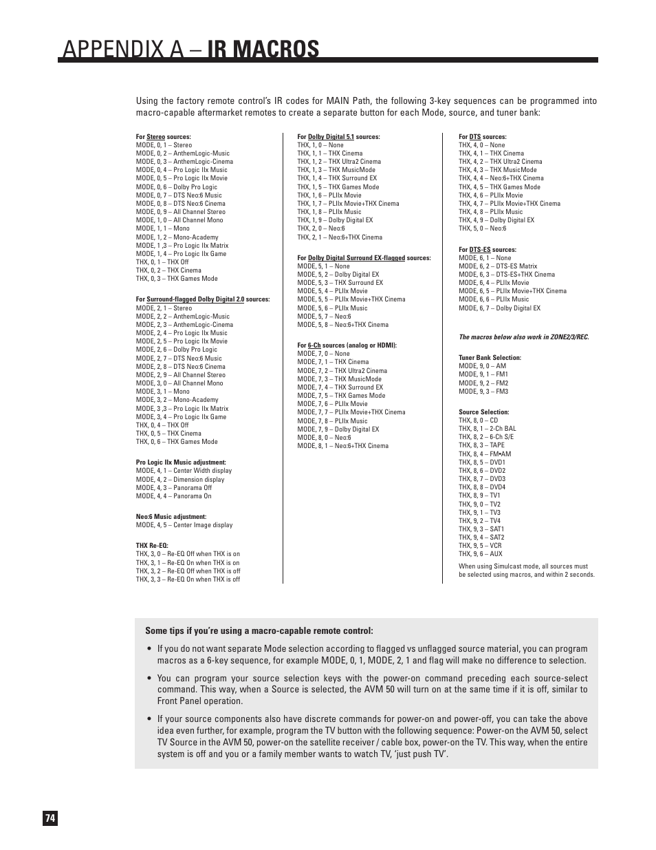 Appendix a, Appendix a – ir macros | Anthem Audio AVM 50 User Manual | Page 82 / 96