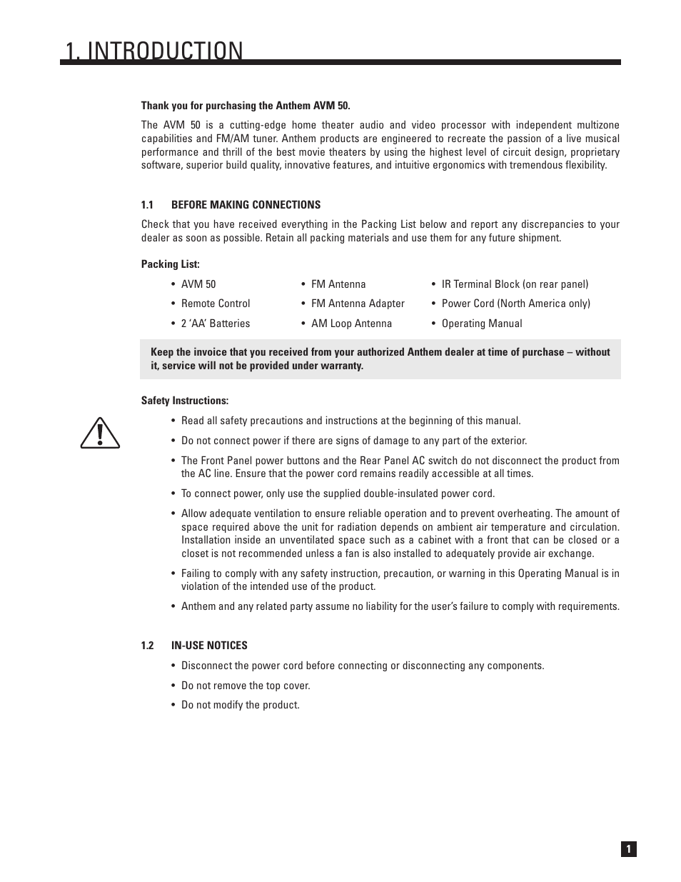 Before making connections, In-use notices, Introduction | Anthem Audio AVM 50 User Manual | Page 9 / 96