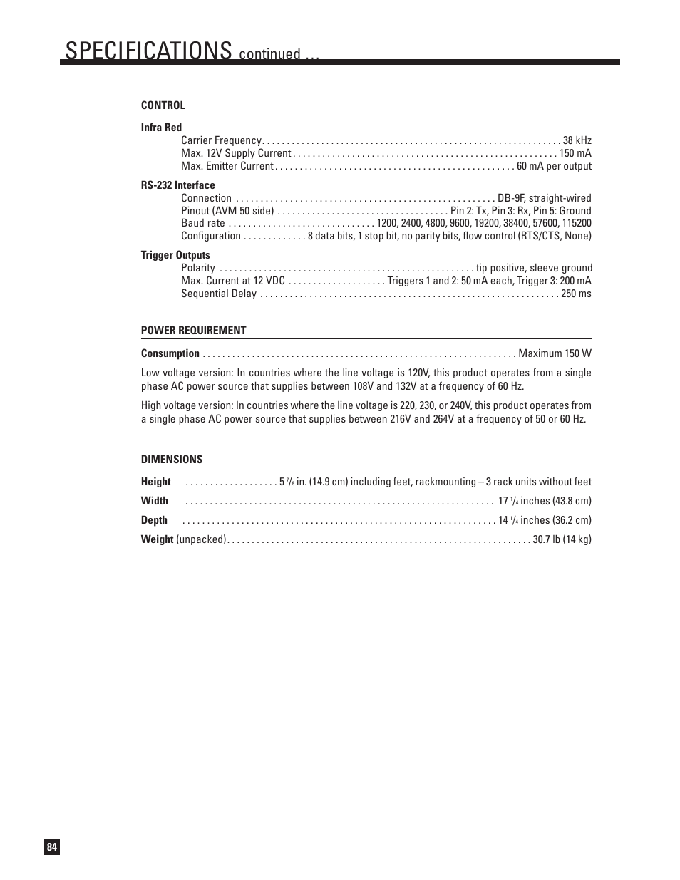 Specifications, Continued | Anthem Audio AVM 50 User Manual | Page 92 / 96