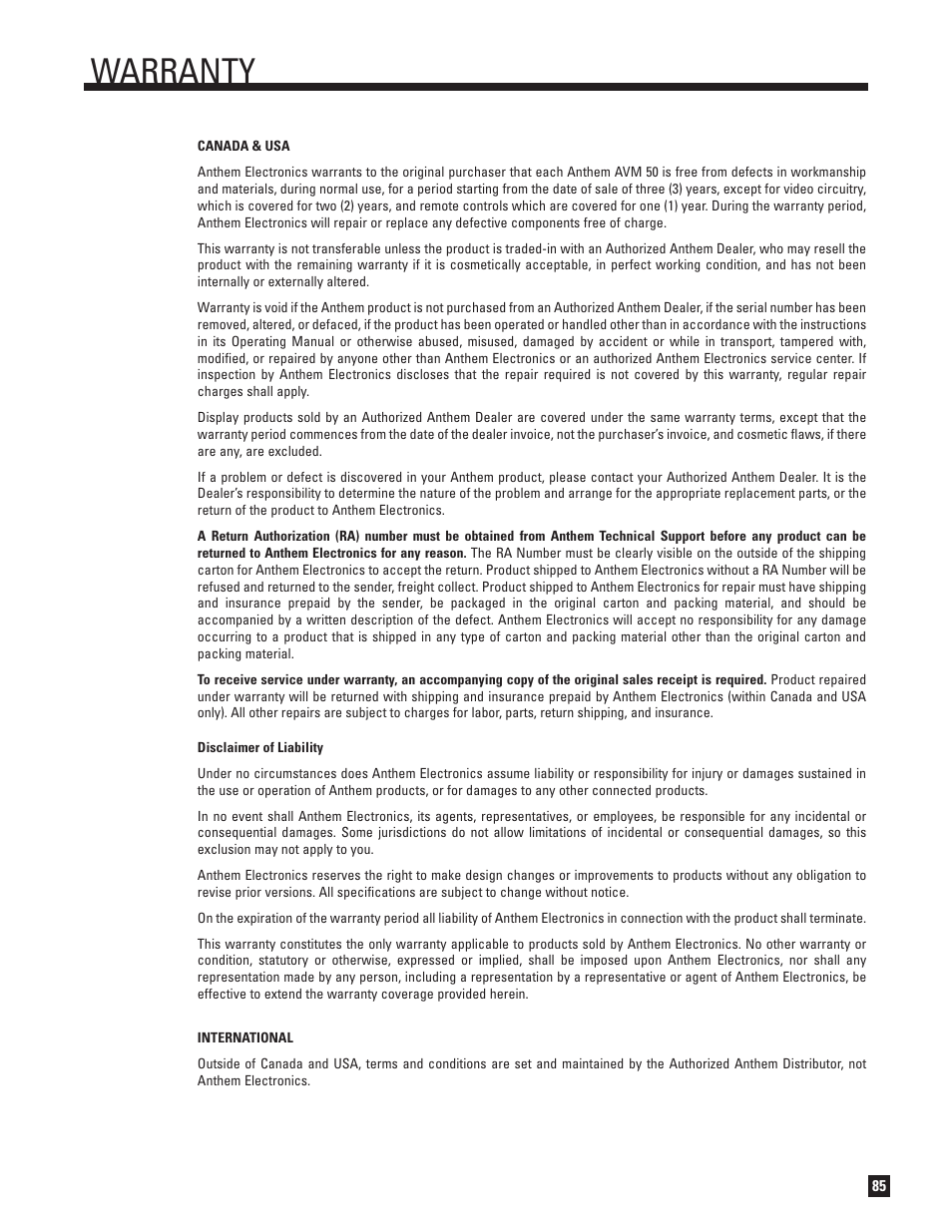 Warranty | Anthem Audio AVM 50 User Manual | Page 93 / 96