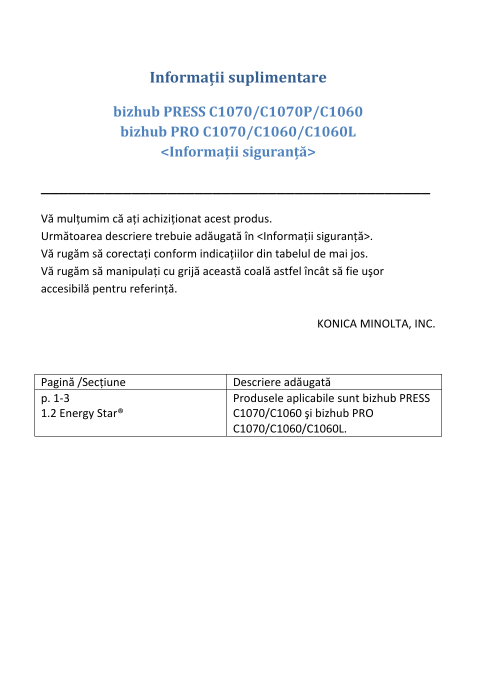 Informaţii suplimentare | Konica Minolta bizhub PRESS C1070P User Manual | Page 17 / 20