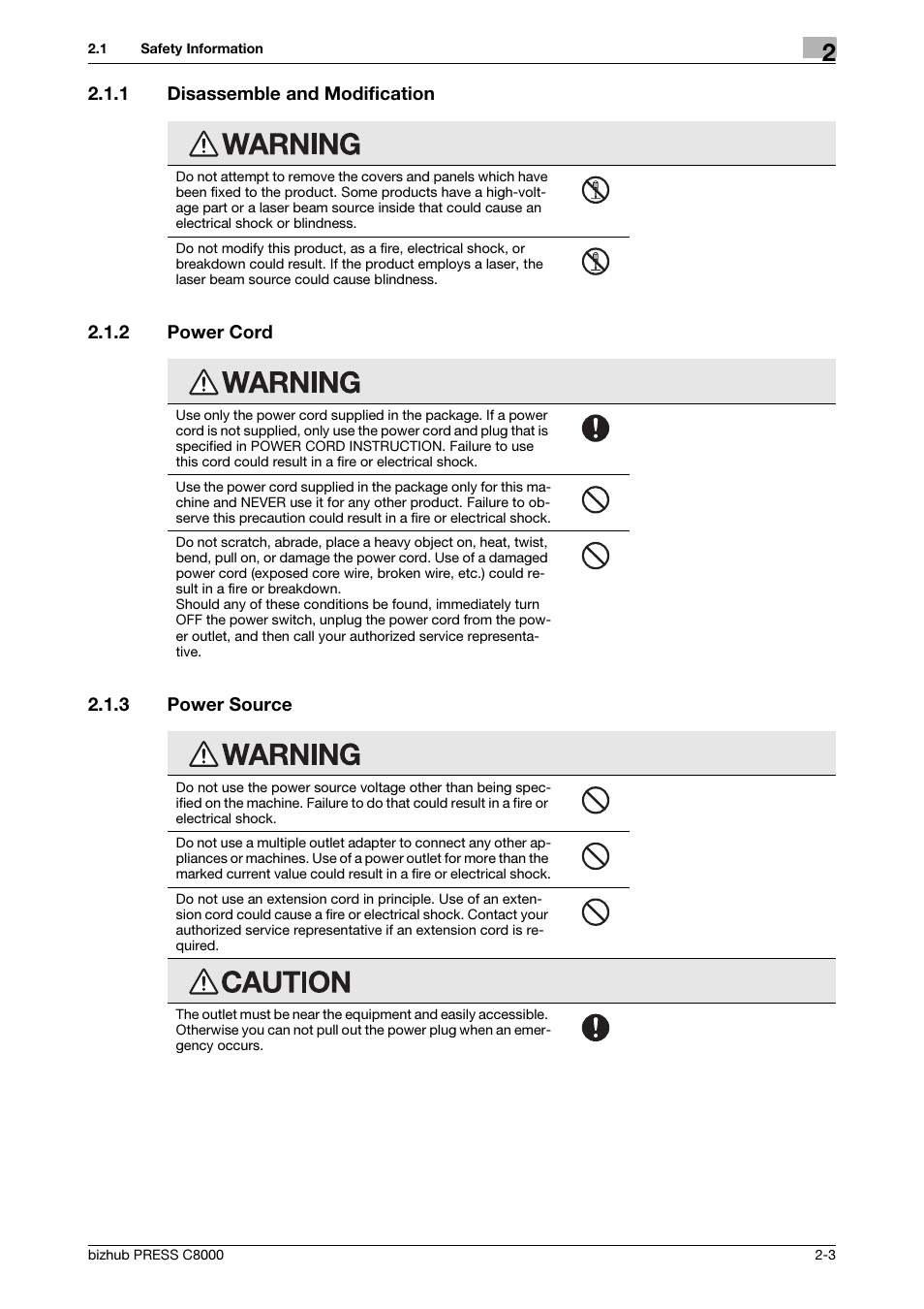 1 disassemble and modification, 2 power cord, 3 power source | Disassemble and modification -3, Power cord -3, Power source -3 | Konica Minolta bizhub PRESS C8000e User Manual | Page 10 / 50