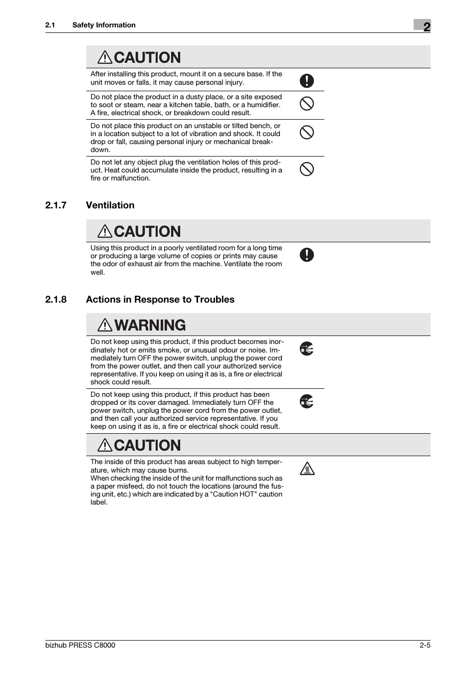 7 ventilation, 8 actions in response to troubles, Ventilation -5 | Actions in response to troubles -5 | Konica Minolta bizhub PRESS C8000e User Manual | Page 12 / 50