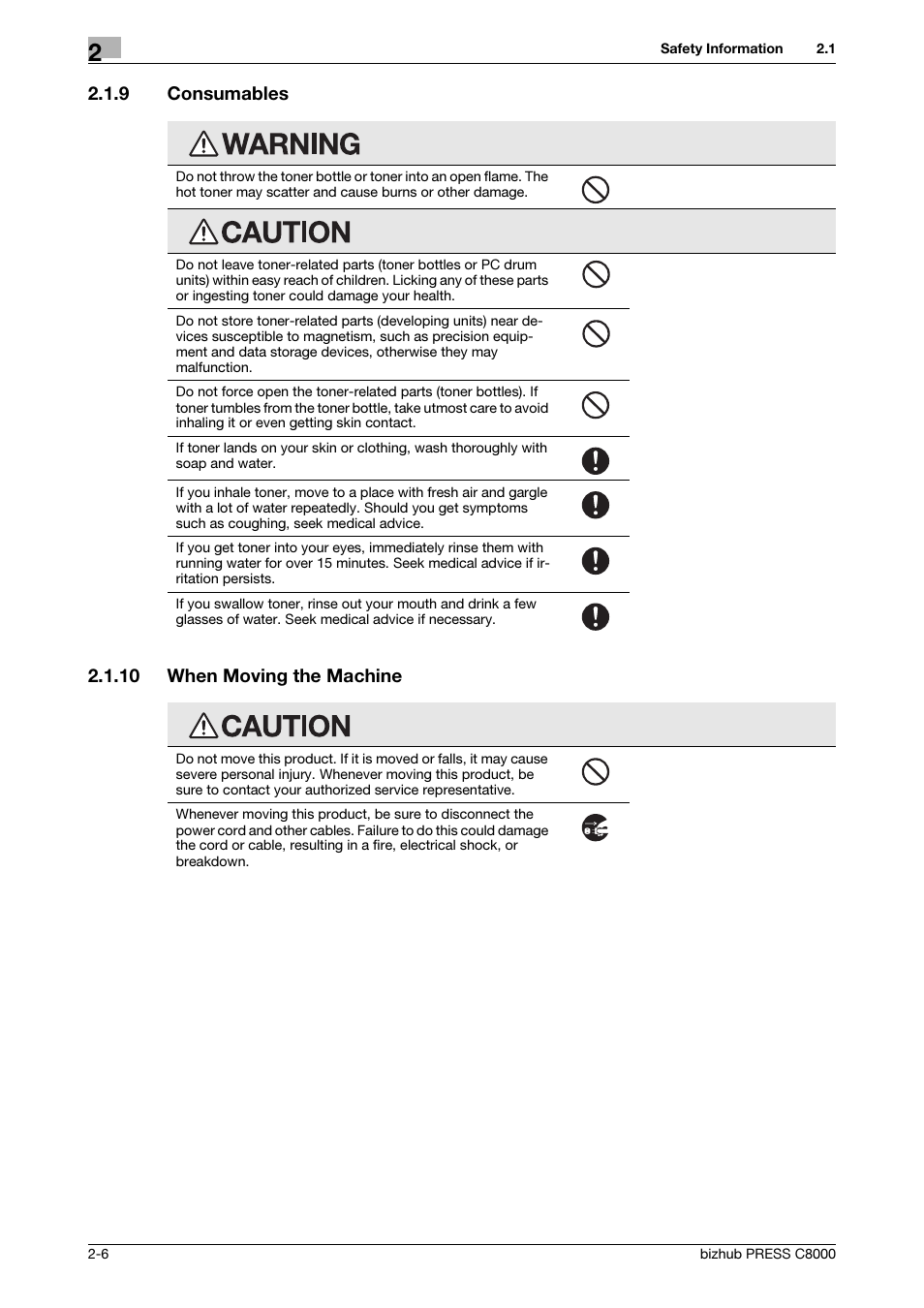 9 consumables, 10 when moving the machine, Consumables -6 | When moving the machine -6 | Konica Minolta bizhub PRESS C8000e User Manual | Page 13 / 50