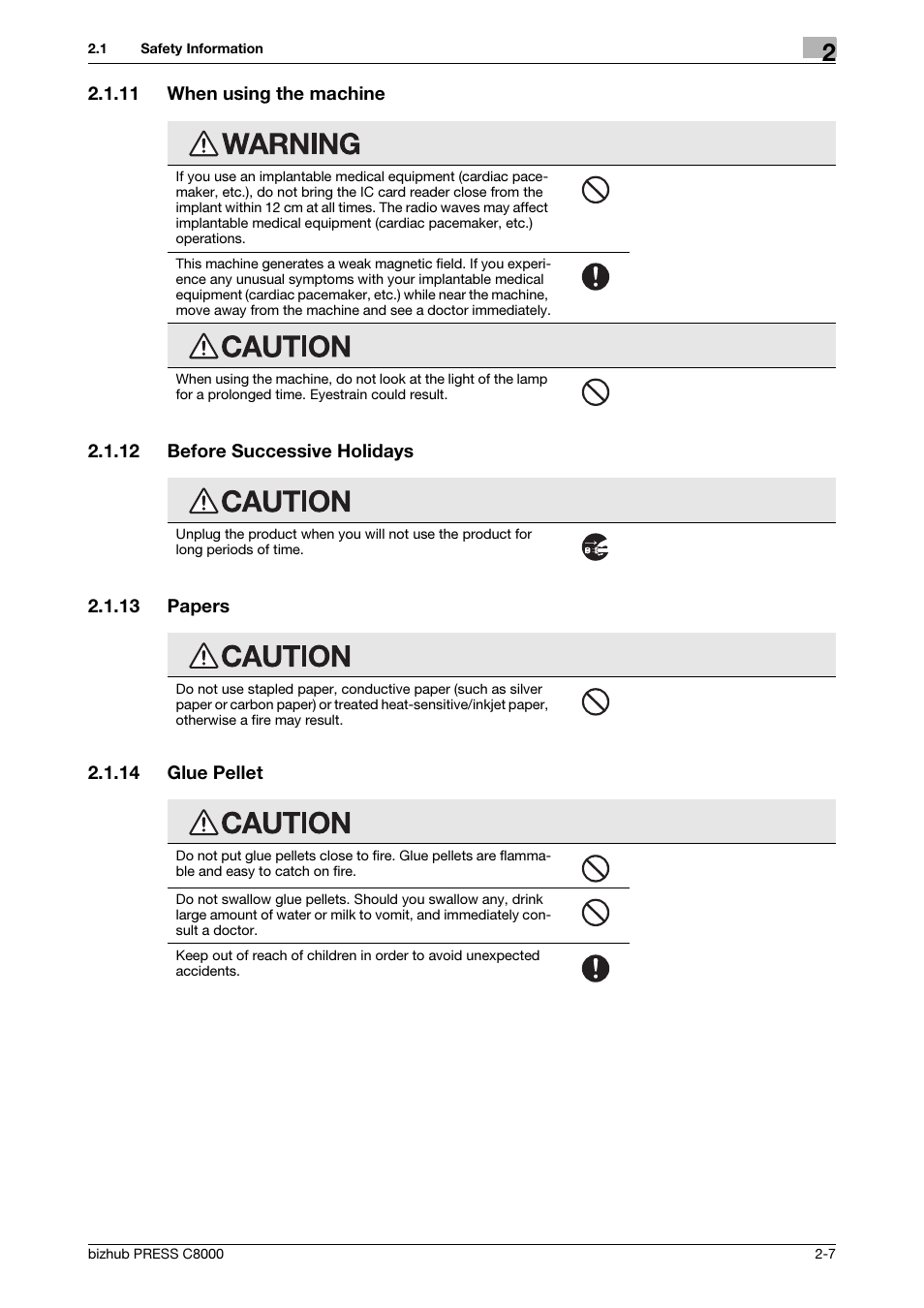 11 when using the machine, 12 before successive holidays, 13 papers | 14 glue pellet, When using the machine -7, Before successive holidays -7, Papers -7, Glue pellet -7 | Konica Minolta bizhub PRESS C8000e User Manual | Page 14 / 50