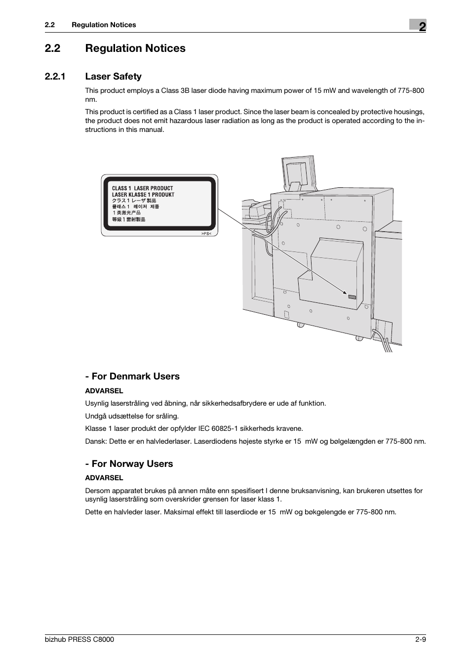 2 regulation notices, 1 laser safety, Regulation notices -9 | Laser safety -9 | Konica Minolta bizhub PRESS C8000e User Manual | Page 16 / 50