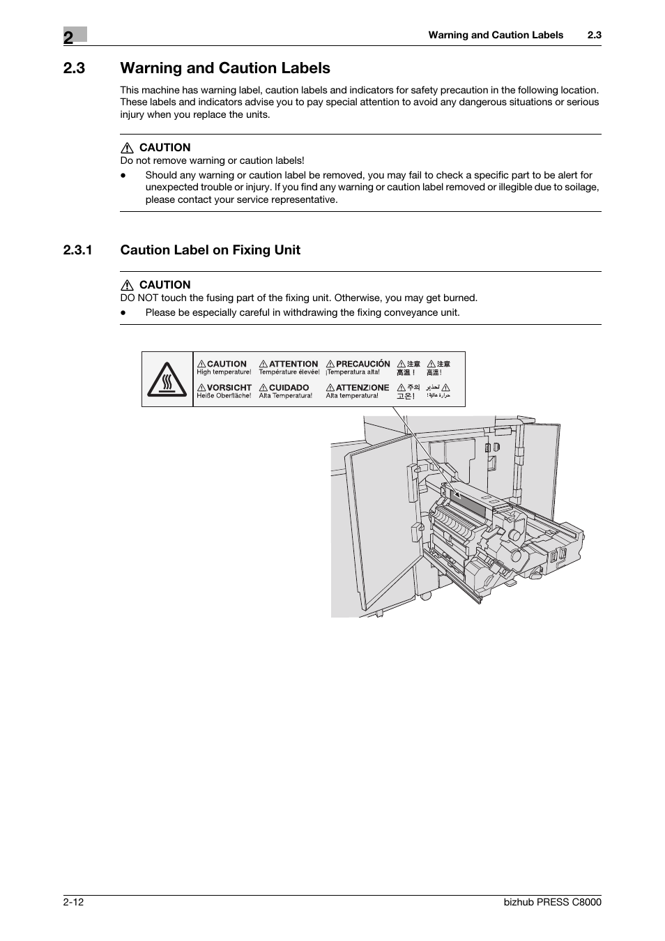 3 warning and caution labels, 1 caution label on fixing unit, Warning and caution labels -12 | Caution label on fixing unit -12 | Konica Minolta bizhub PRESS C8000e User Manual | Page 19 / 50