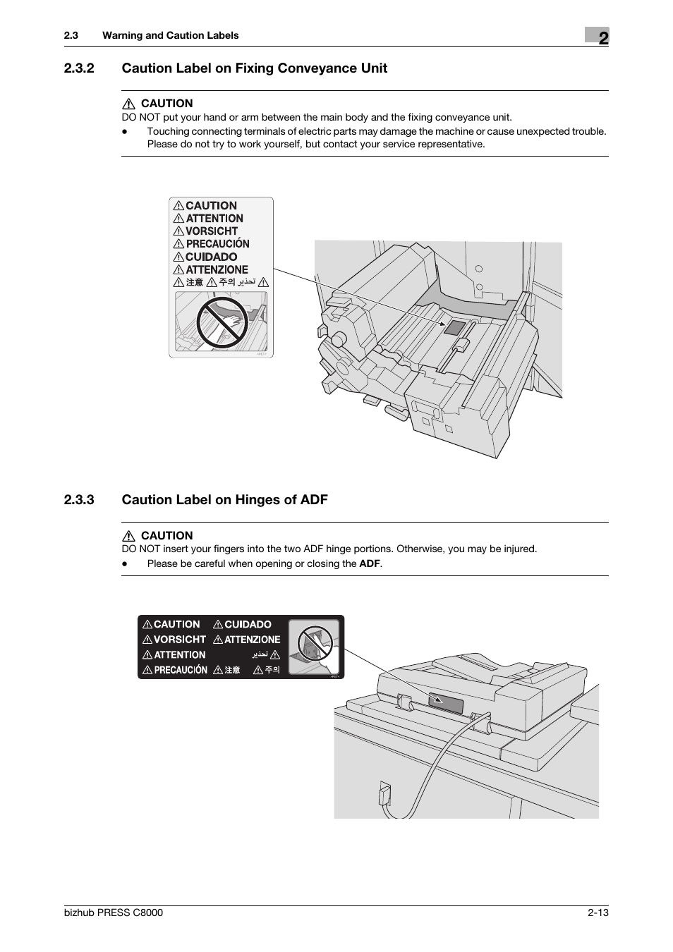 2 caution label on fixing conveyance unit, 3 caution label on hinges of adf, Caution label on fixing conveyance unit -13 | Caution label on hinges of adf -13 | Konica Minolta bizhub PRESS C8000e User Manual | Page 20 / 50