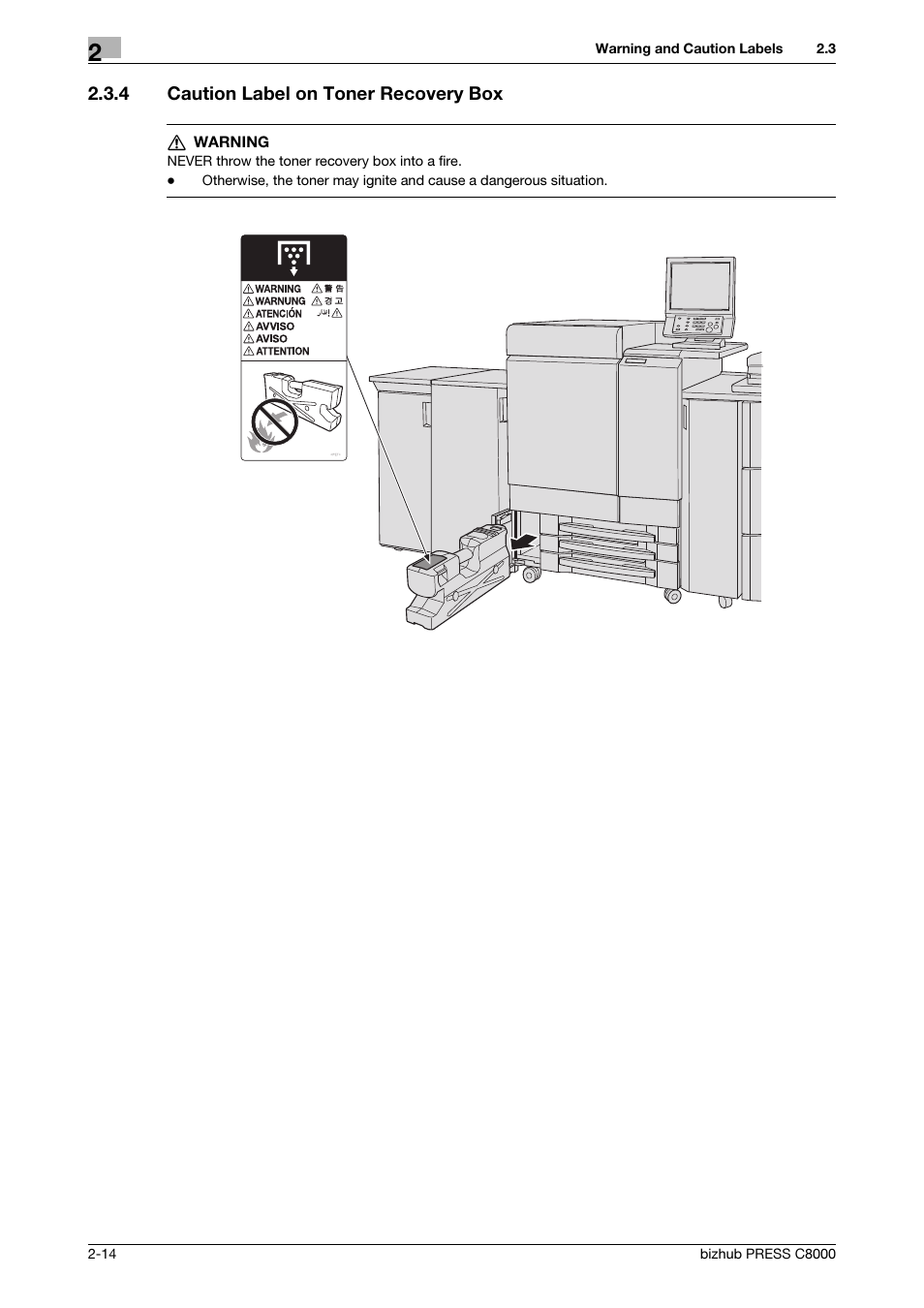 4 caution label on toner recovery box, Caution label on toner recovery box -14 | Konica Minolta bizhub PRESS C8000e User Manual | Page 21 / 50