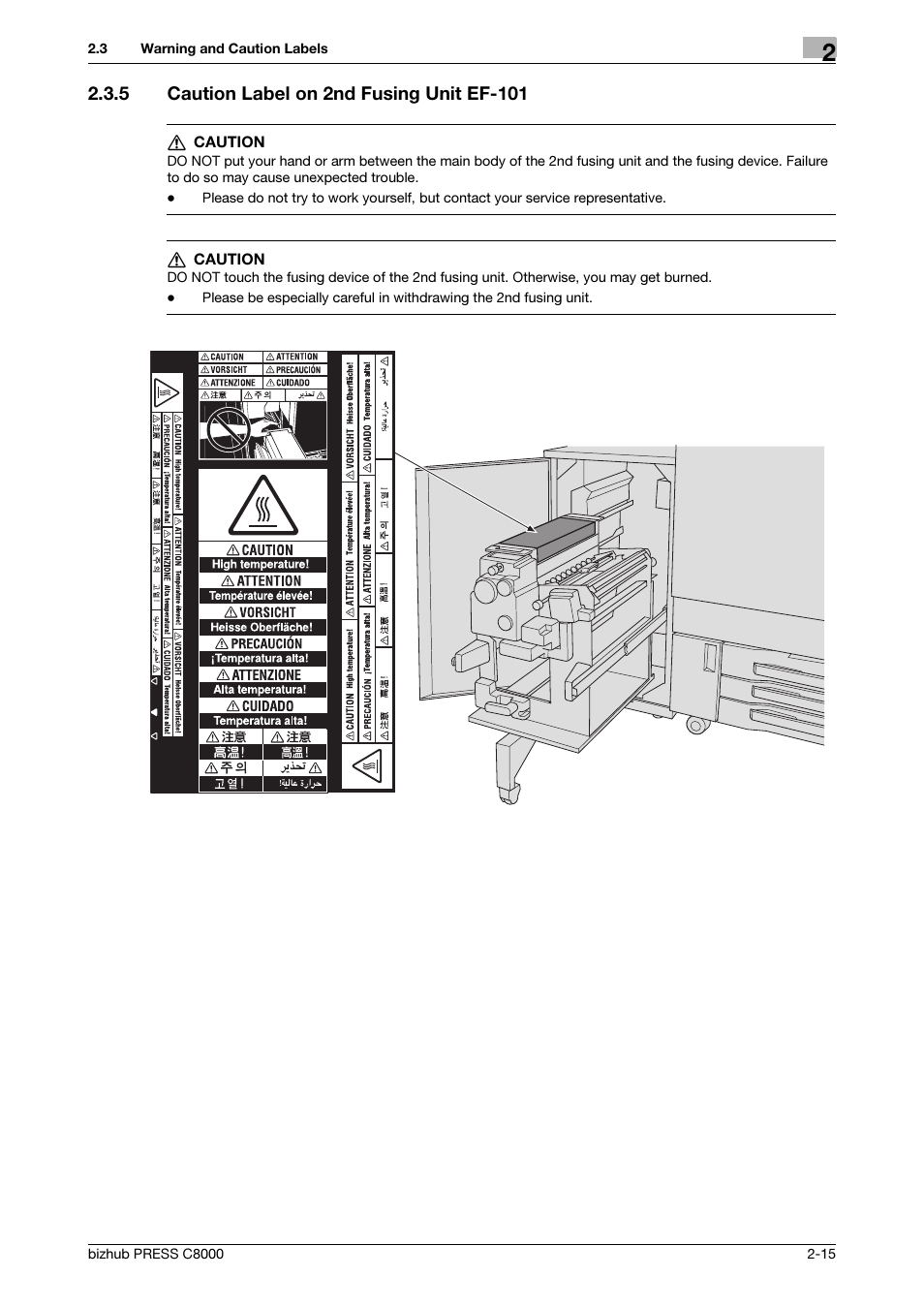 5 caution label on 2nd fusing unit ef-101, Caution label on 2nd fusing unit ef-101 -15 | Konica Minolta bizhub PRESS C8000e User Manual | Page 22 / 50