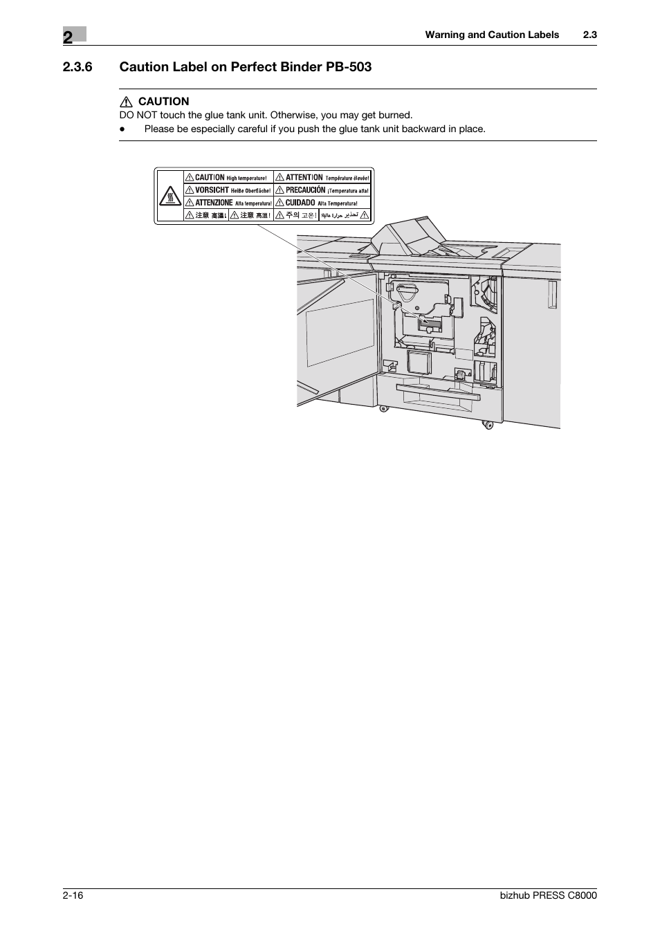 6 caution label on perfect binder pb-503, Caution label on perfect binder pb-503 -16 | Konica Minolta bizhub PRESS C8000e User Manual | Page 23 / 50