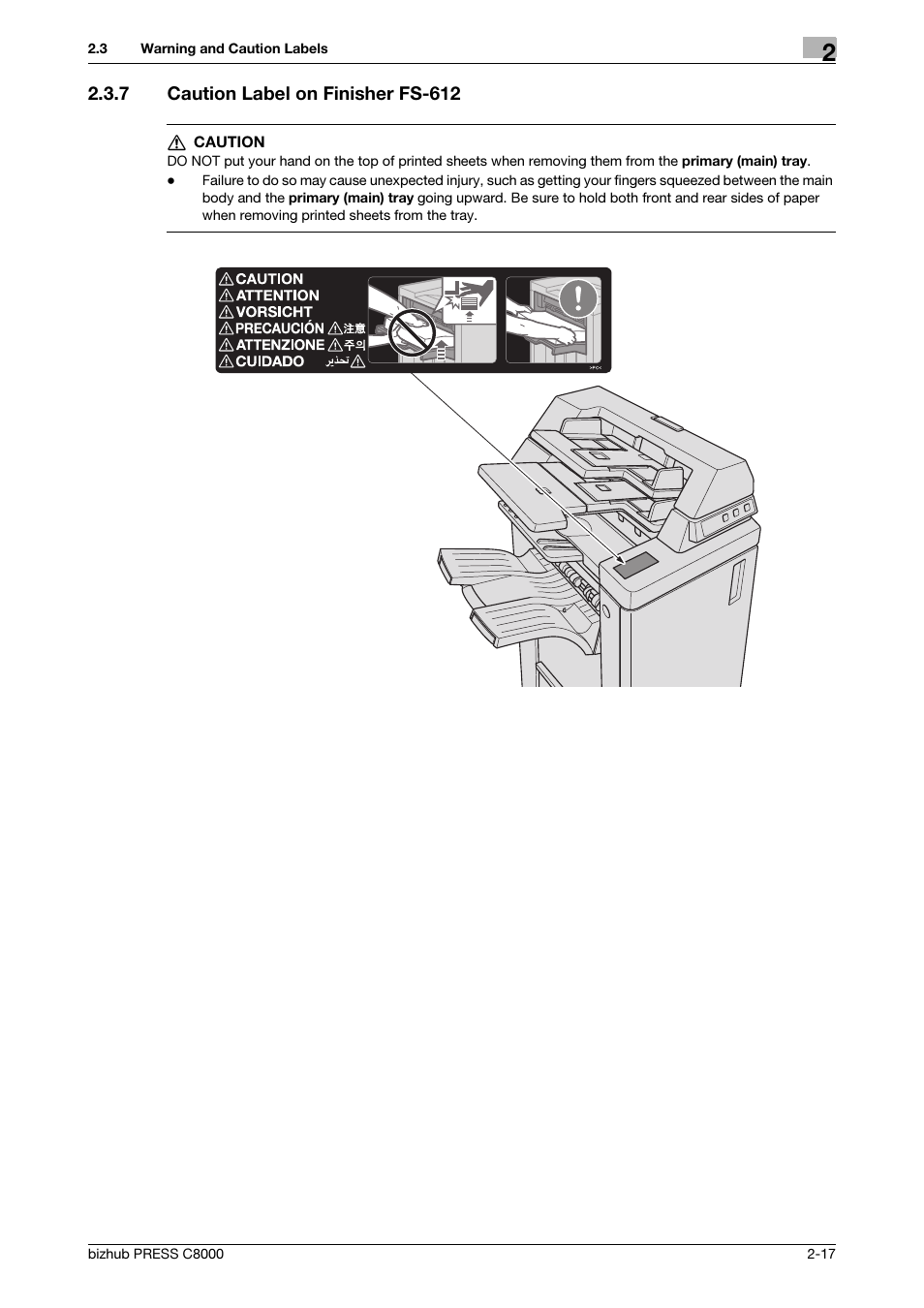 7 caution label on finisher fs-612, Caution label on finisher fs-612 -17 | Konica Minolta bizhub PRESS C8000e User Manual | Page 24 / 50