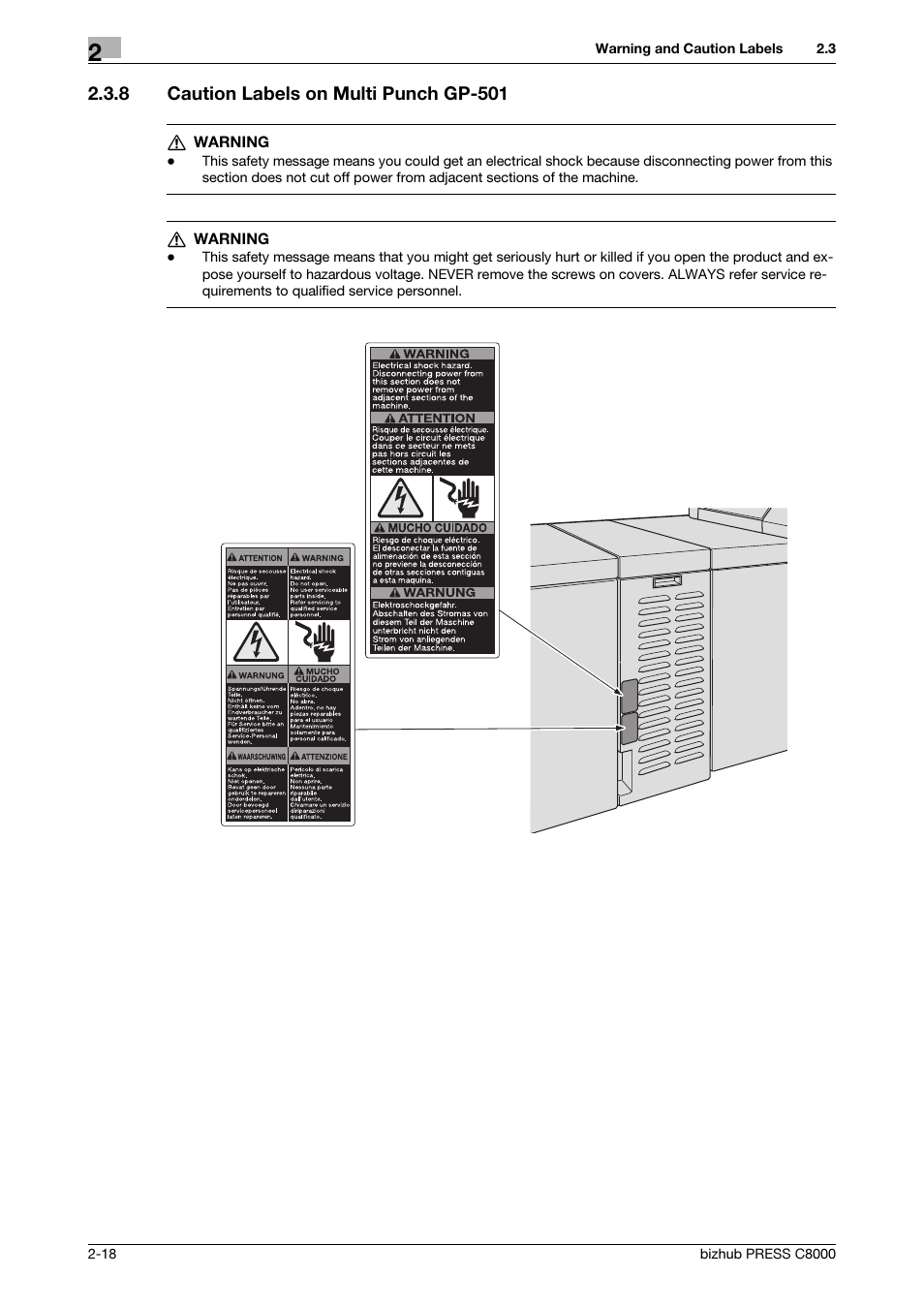 8 caution labels on multi punch gp-501, Caution labels on multi punch gp-501 -18 | Konica Minolta bizhub PRESS C8000e User Manual | Page 25 / 50