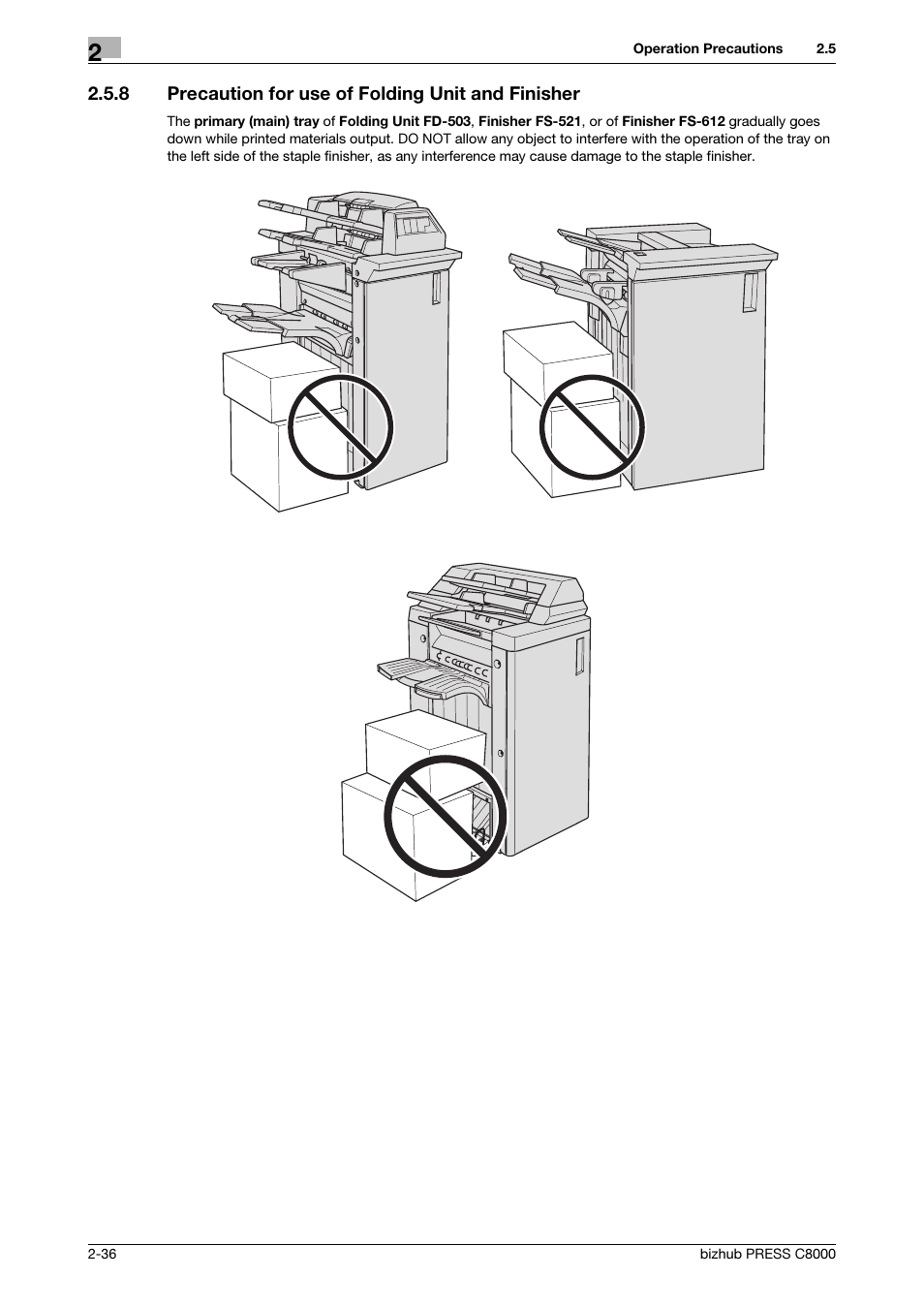 8 precaution for use of folding unit and finisher | Konica Minolta bizhub PRESS C8000e User Manual | Page 43 / 50