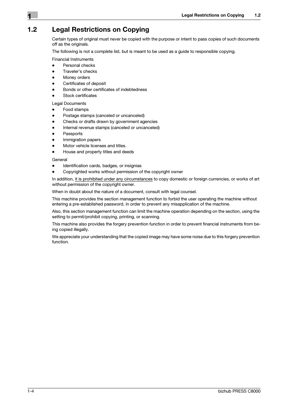 2 legal restrictions on copying, Legal restrictions on copying -4 | Konica Minolta bizhub PRESS C8000e User Manual | Page 7 / 50