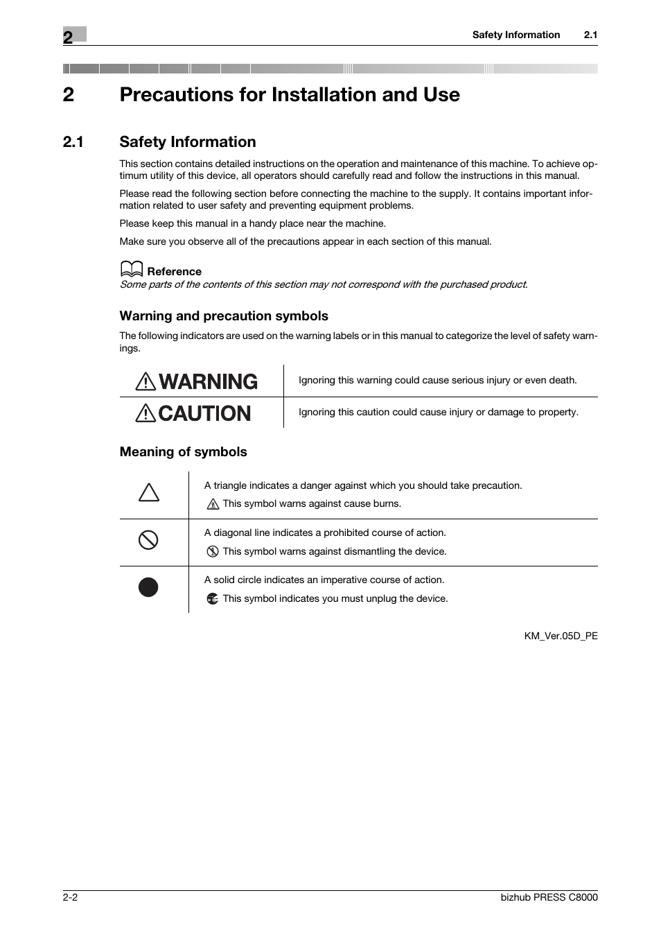 2 precautions for installation and use, 1 safety information, Precautions for installation and use | Safety information -2, 2precautions for installation and use | Konica Minolta bizhub PRESS C8000e User Manual | Page 9 / 50