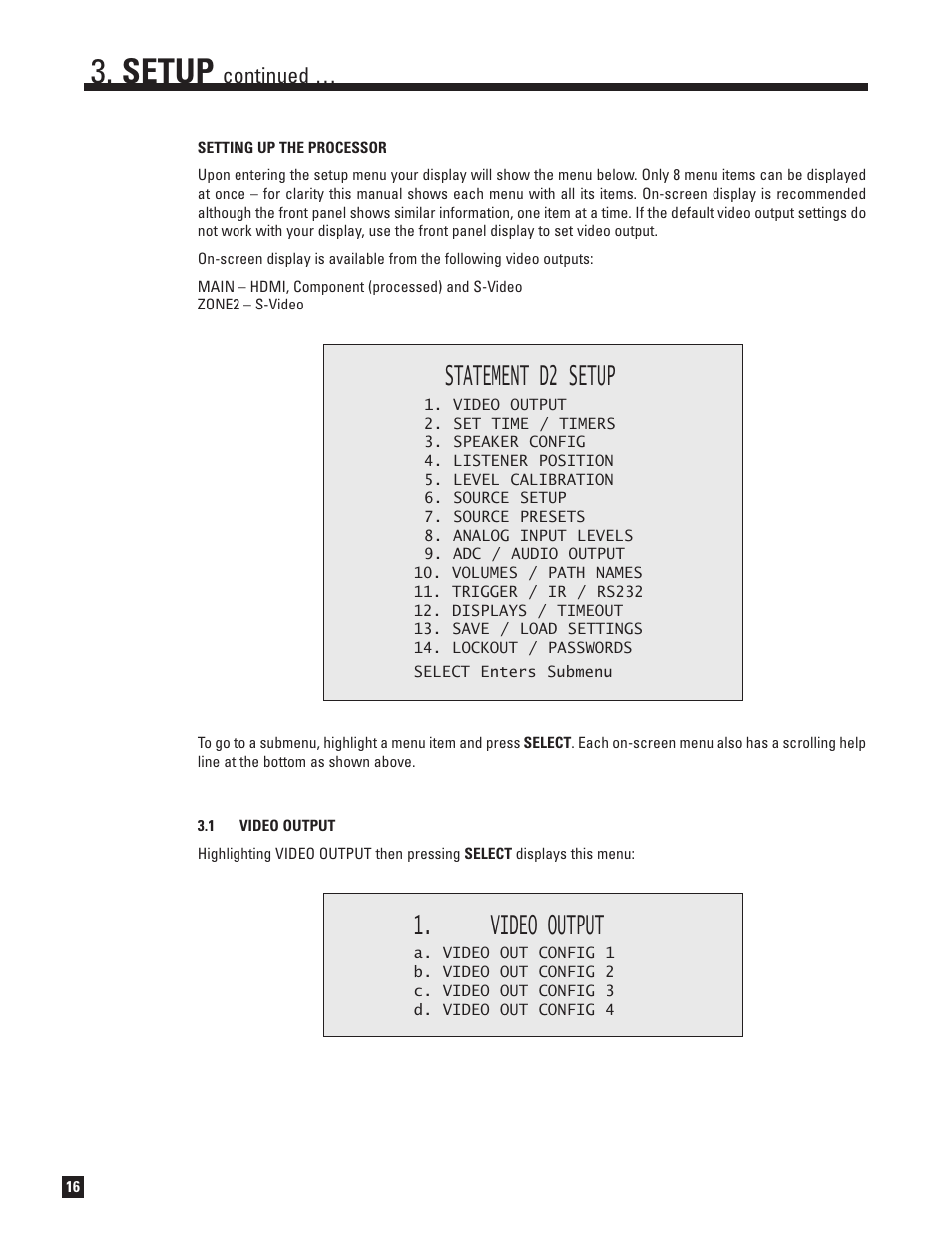 Video output, Setup, Statement d2 setup | Continued | Anthem Audio D2 User Manual | Page 24 / 102