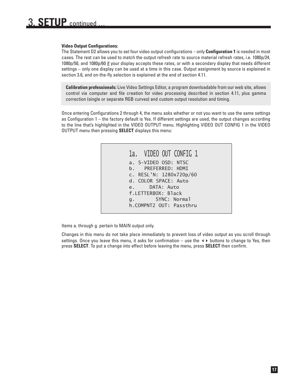 Setup, 1a. video out config 1, Continued | Anthem Audio D2 User Manual | Page 25 / 102