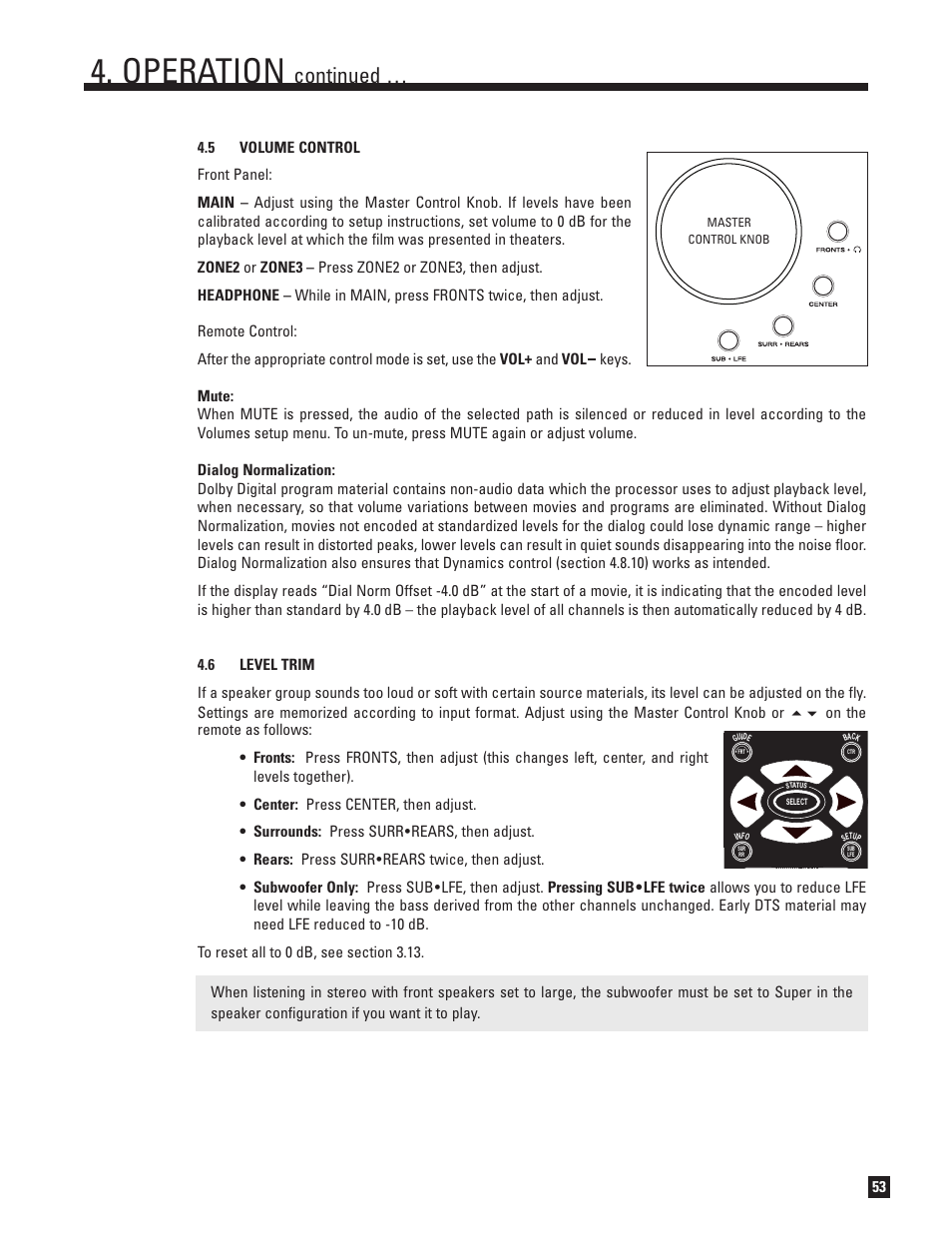 Volume control, Level trim, Operation | Continued | Anthem Audio D2 User Manual | Page 61 / 102