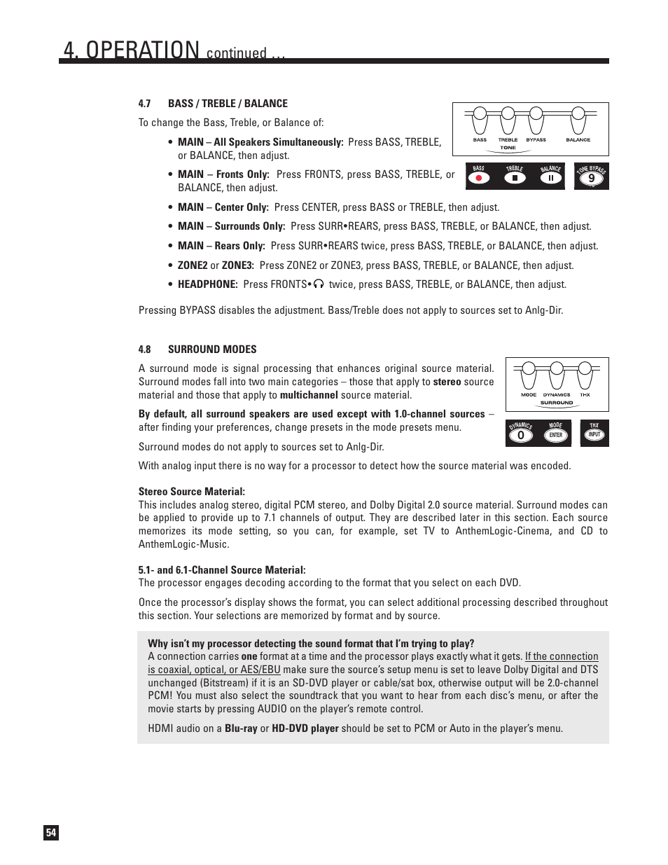 Bass, treble, and balance, Surround modes, Operation | Continued | Anthem Audio D2 User Manual | Page 62 / 102