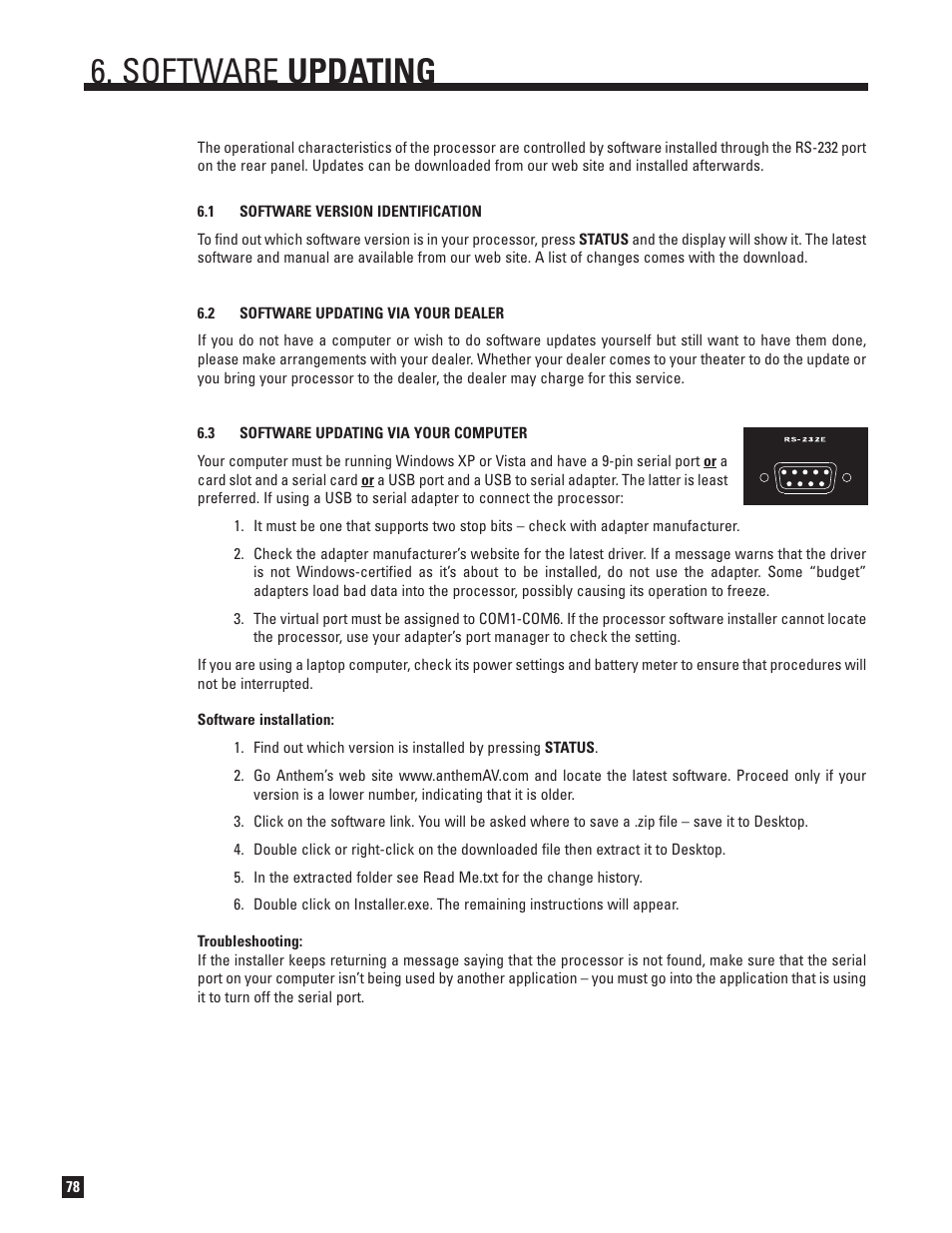 Software version identification, Software updating via your dealer, Software updating | Anthem Audio D2 User Manual | Page 86 / 102