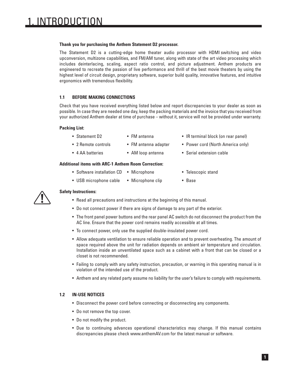 Before making connections, In-use notices, Introduction | Anthem Audio D2 User Manual | Page 9 / 102