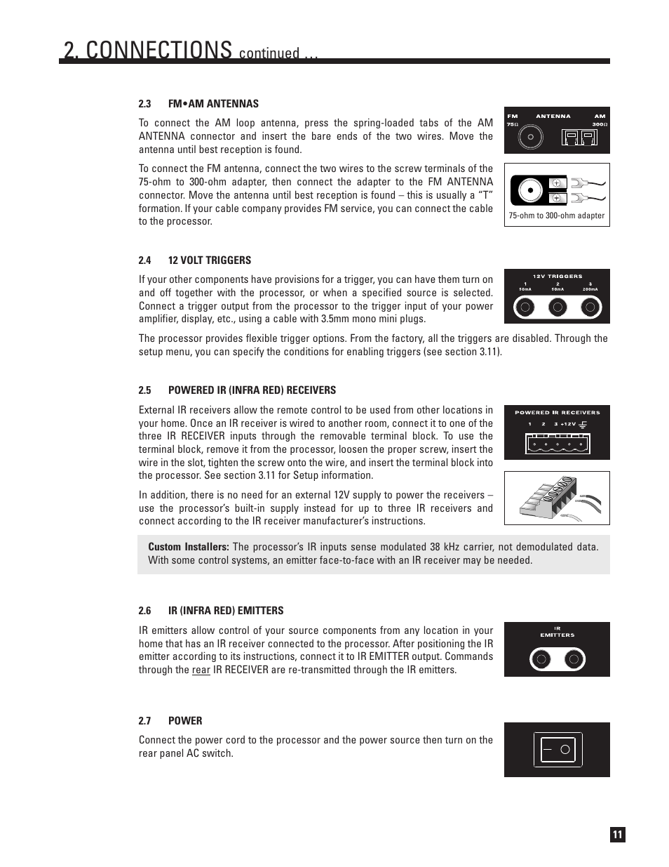 Fm•am antennas, 12 volt triggers, Powered ir (infra red) receivers | Ir (infra red) emitters, Power, Connections, Continued | Anthem Audio ANTHEM D2V User Manual | Page 19 / 102