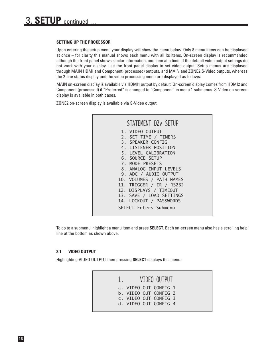 Video output, Setup, Statement d2v setup | Continued | Anthem Audio ANTHEM D2V User Manual | Page 24 / 102