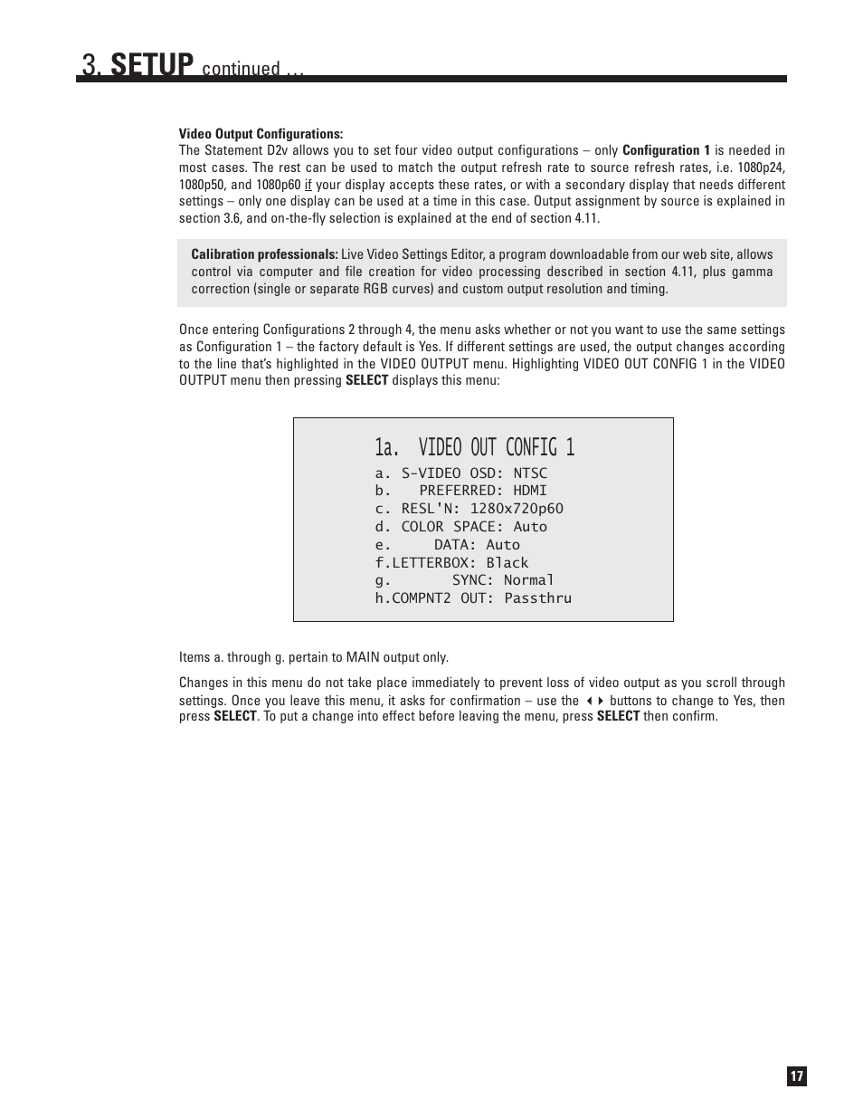 Setup, 1a. video out config 1, Continued | Anthem Audio ANTHEM D2V User Manual | Page 25 / 102