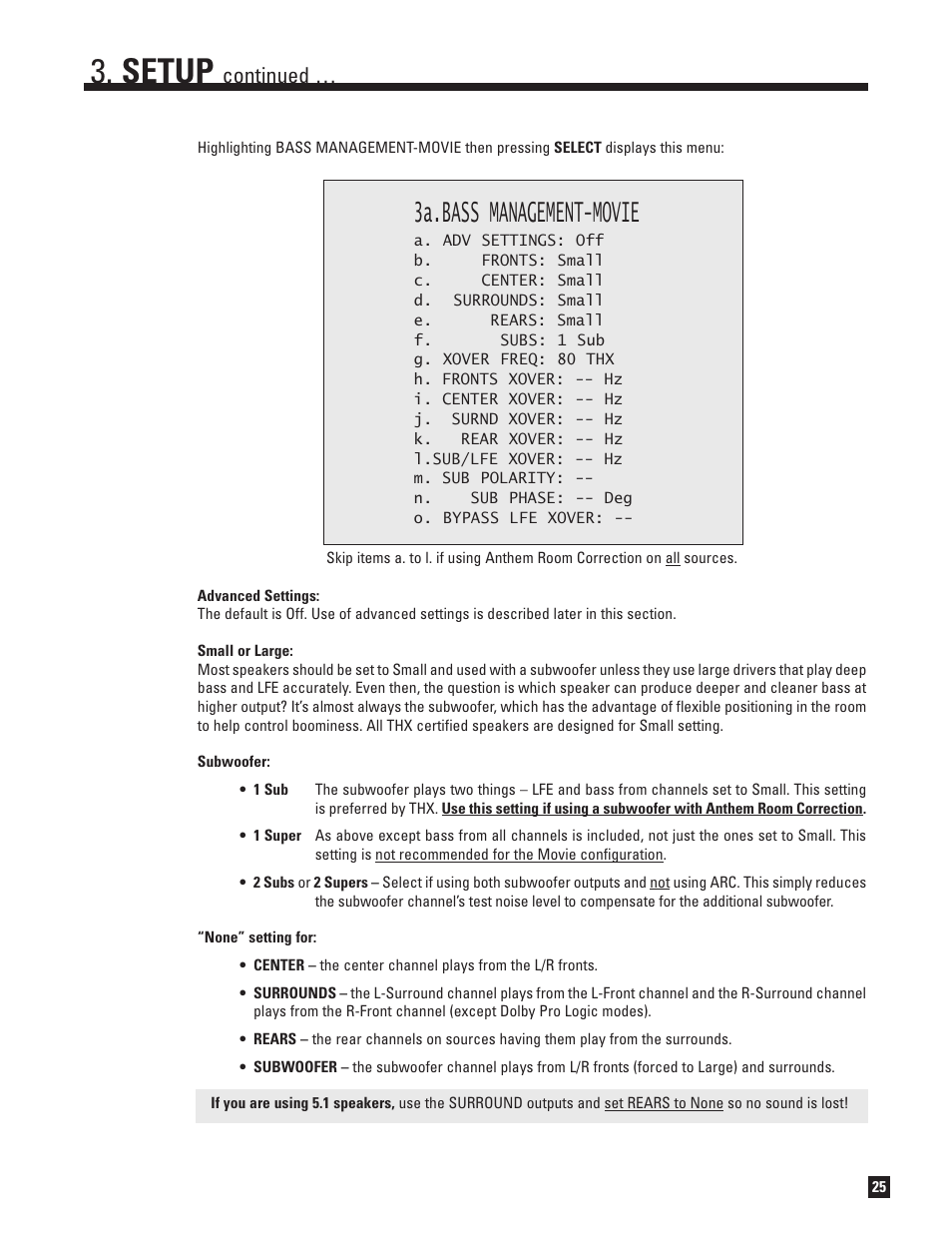 Setup, 3a.bass management-movie, Continued | Anthem Audio ANTHEM D2V User Manual | Page 33 / 102