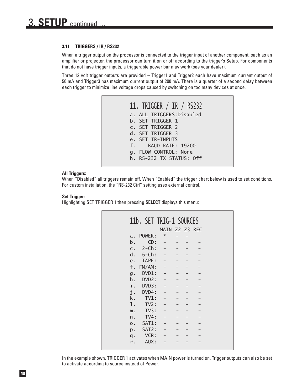 11 triggers, ir, and rs-232, Setup, Trigger / ir / rs232 | 11b. set trig-1 sources, Continued | Anthem Audio ANTHEM D2V User Manual | Page 48 / 102