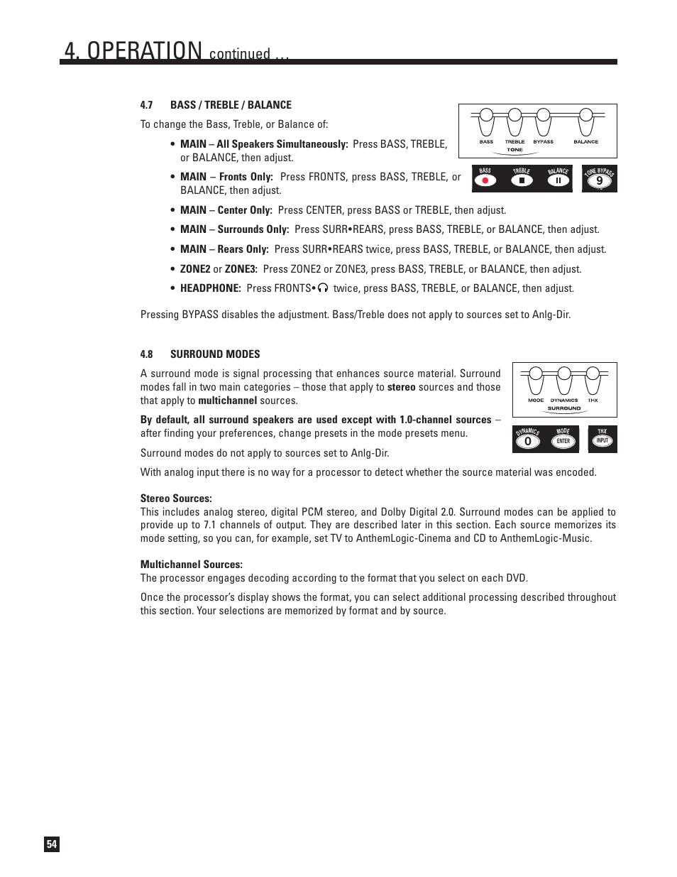 Bass, treble, and balance, Surround modes, Operation | Continued | Anthem Audio ANTHEM D2V User Manual | Page 62 / 102