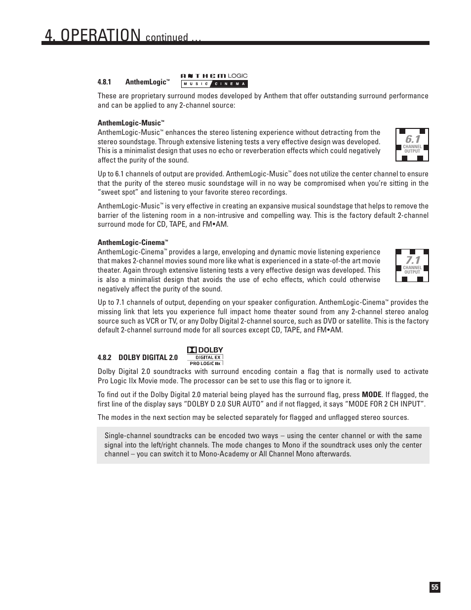 Anthemlogic, Dolby digital 2.0, Operation | Continued | Anthem Audio ANTHEM D2V User Manual | Page 63 / 102