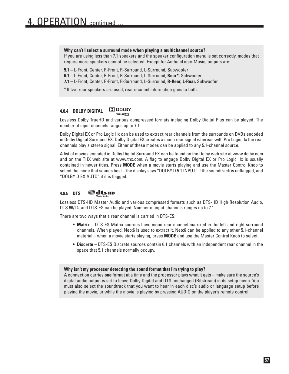 Dolby digital, Operation, Continued | Anthem Audio ANTHEM D2V User Manual | Page 65 / 102