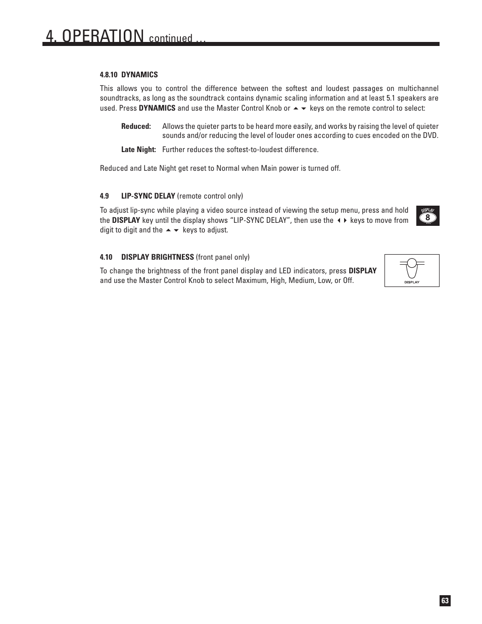 10 dynamics, Lip-sync delay, 10 display brightness | Operation, Continued | Anthem Audio ANTHEM D2V User Manual | Page 71 / 102