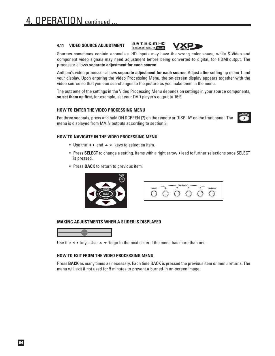 11 video source adjustment, Operation, Continued | Anthem Audio ANTHEM D2V User Manual | Page 72 / 102