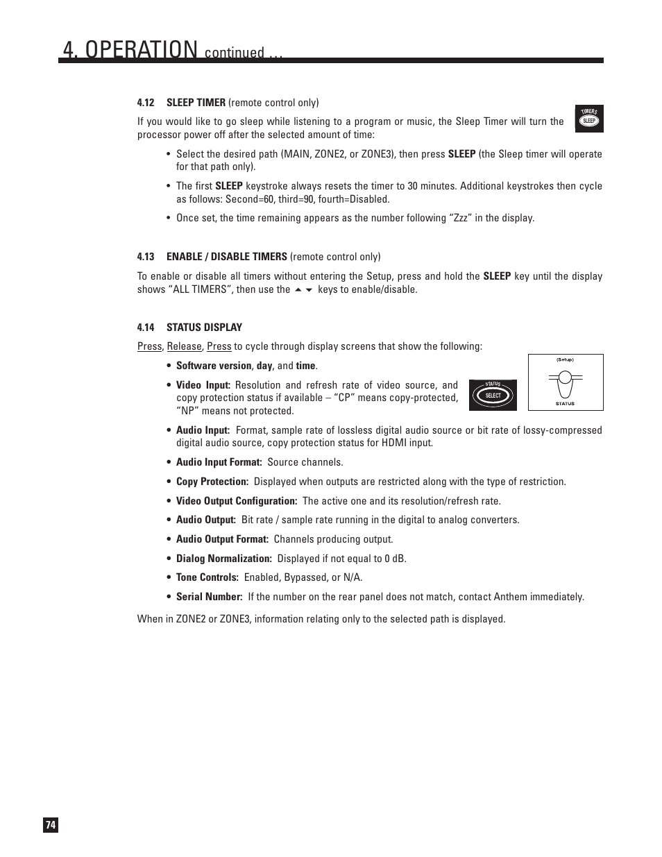 12 sleep timer, 13 enable and disable timers, 14 status display | Operation, Continued | Anthem Audio ANTHEM D2V User Manual | Page 82 / 102