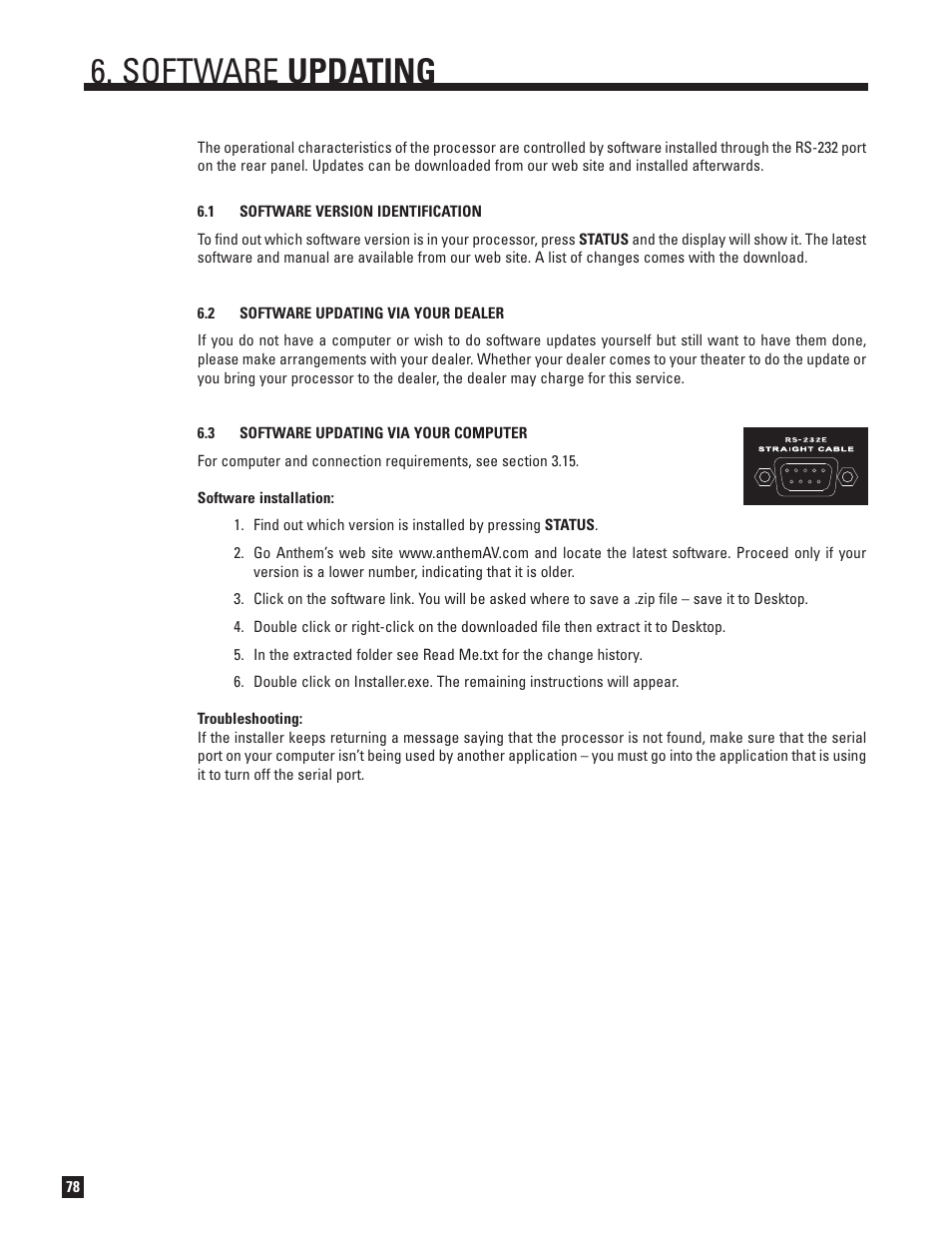 Software version identification, Software updating via your dealer, Software updating | Anthem Audio ANTHEM D2V User Manual | Page 86 / 102