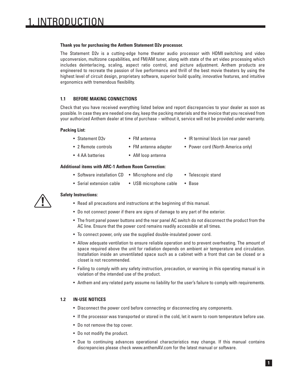 Before making connections, In-use notices, Introduction | Anthem Audio ANTHEM D2V User Manual | Page 9 / 102